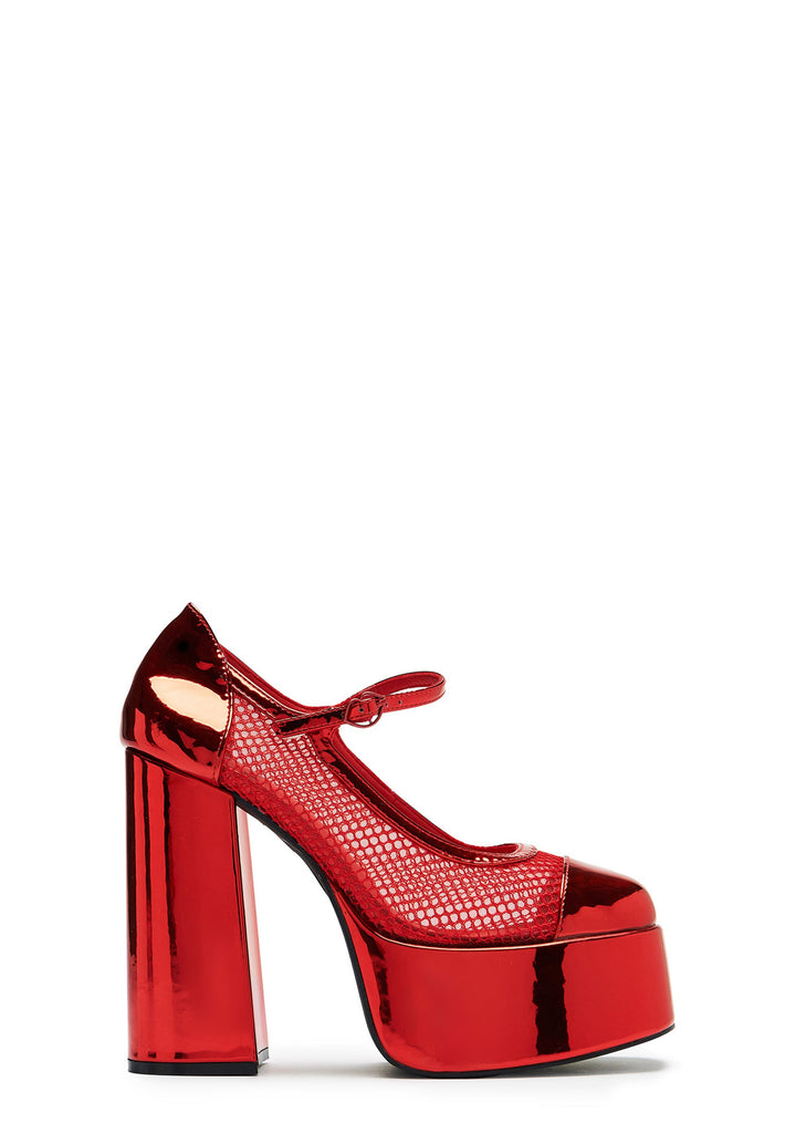 Regular Frankie Fan Fishnet Platform Heels - Red