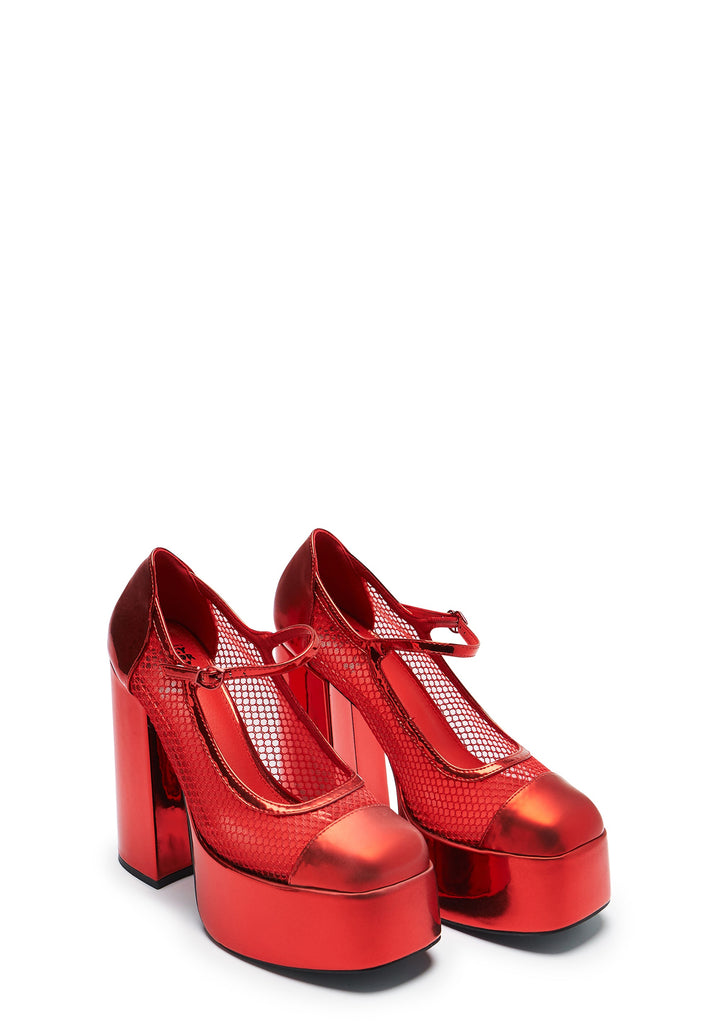 Regular Frankie Fan Fishnet Platform Heels - Red