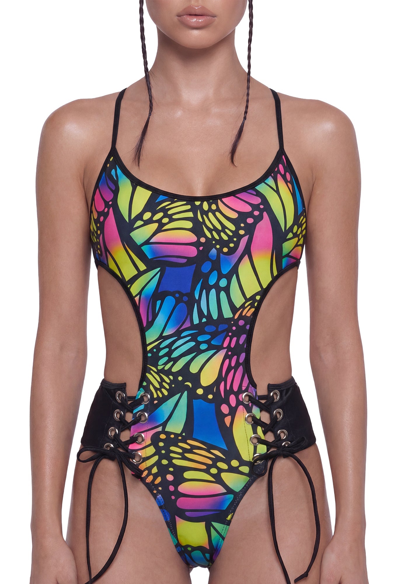 Butterfly Lace Up Bodysuit - Multi/Black
