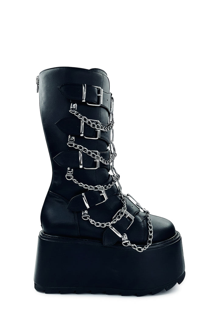 Glitch Buckle Mid Calf Platform Boots - Black