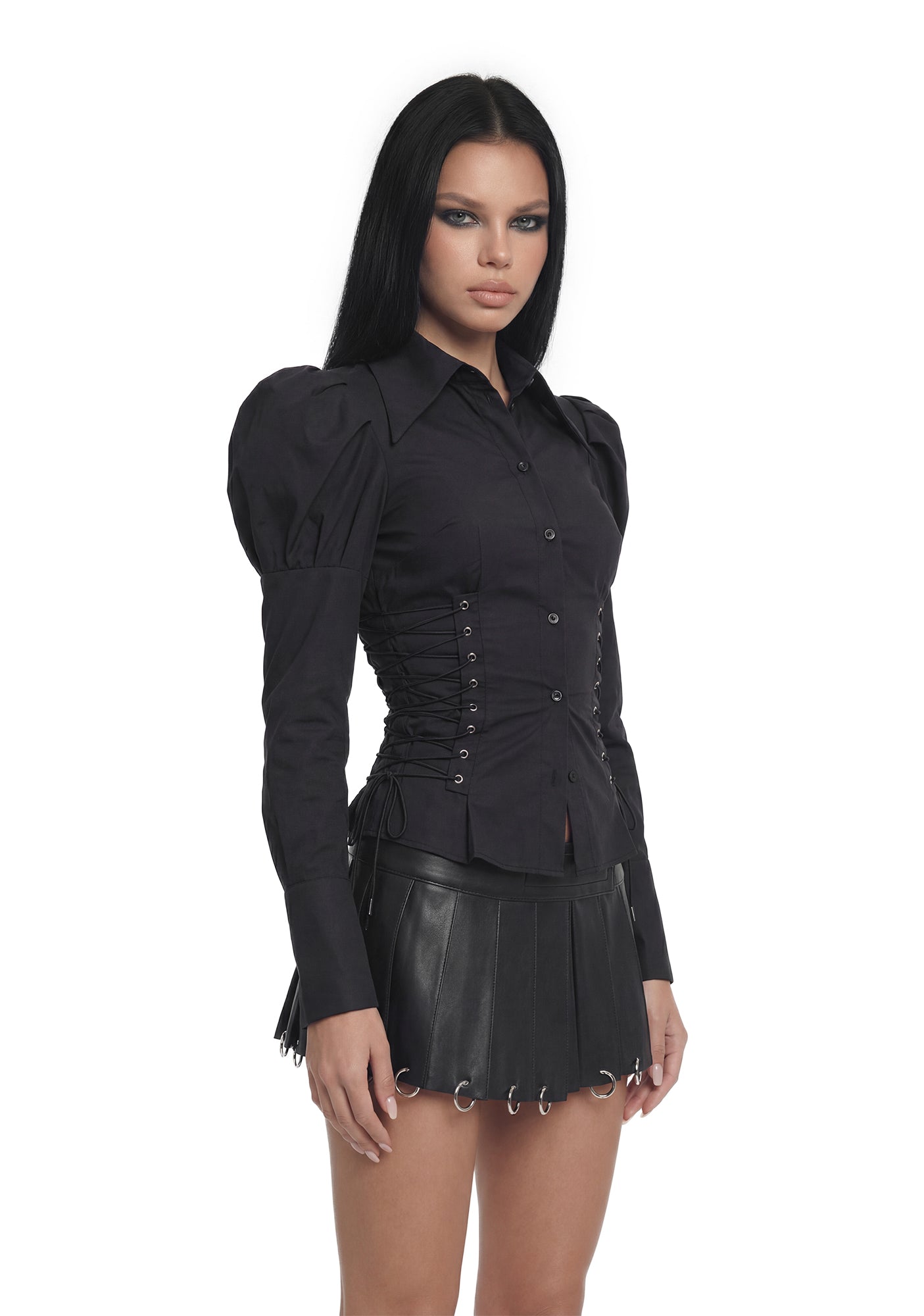 Puff Sleeve Corseted Shirt - Black