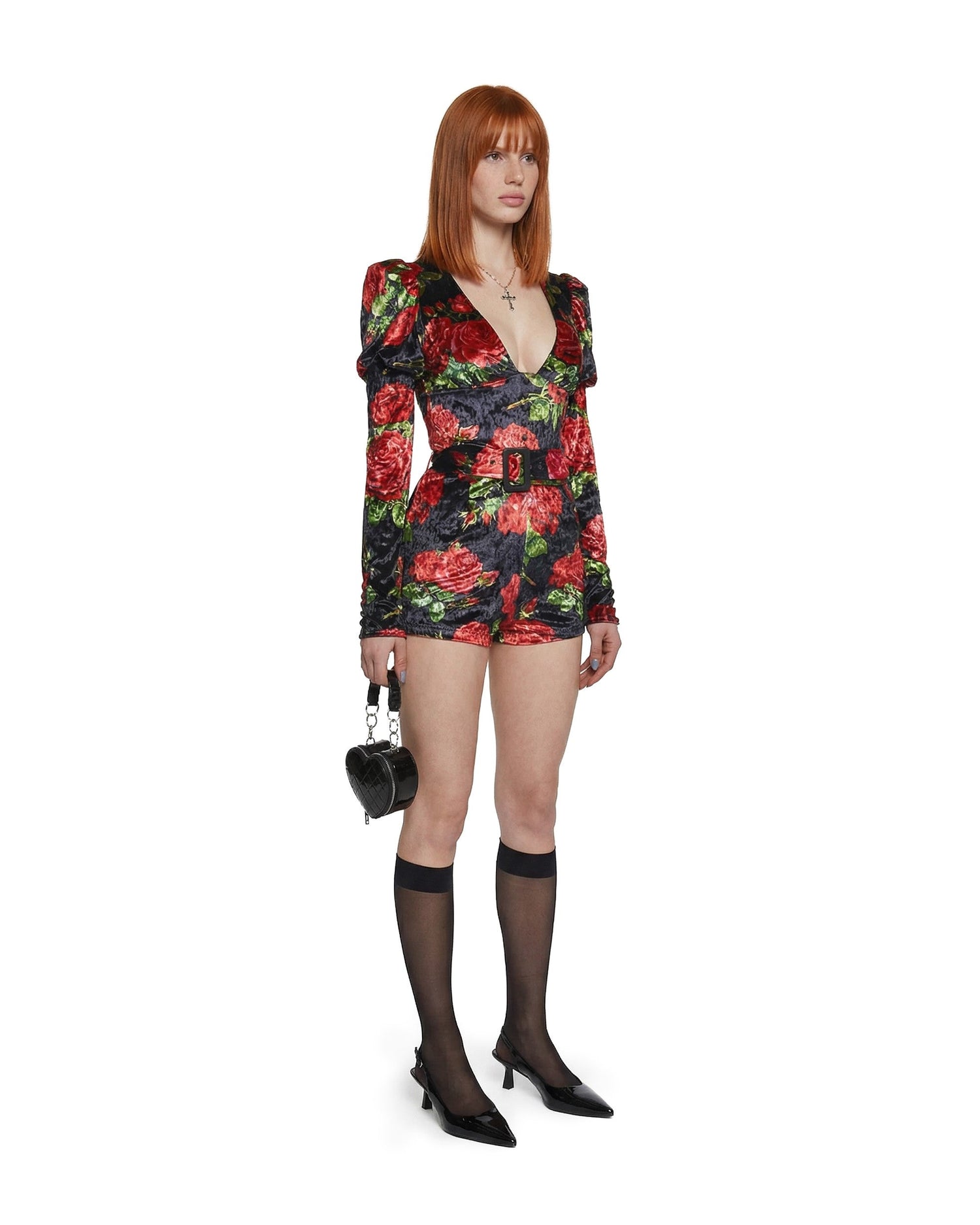 Chic Manners Velvet Romper - Black/Red