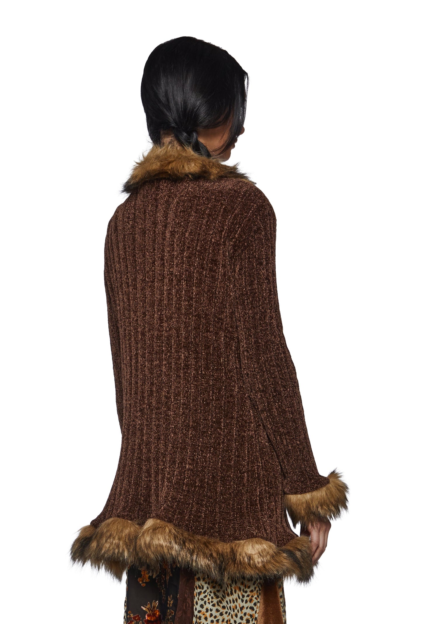 Furry Foe Long Cardigan-Brown