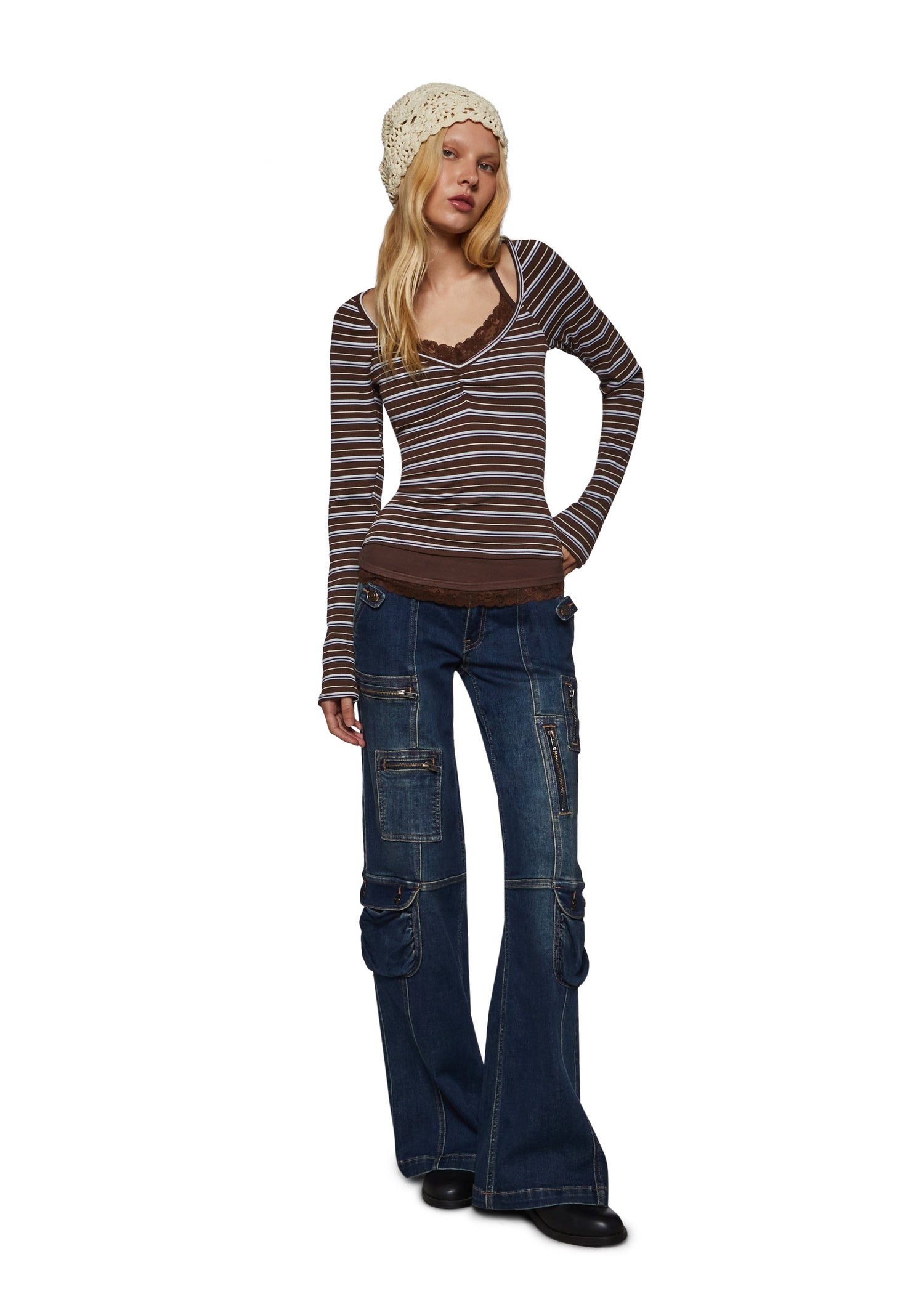 Angela Stripe Layered Cami Long Sleeve - Brown