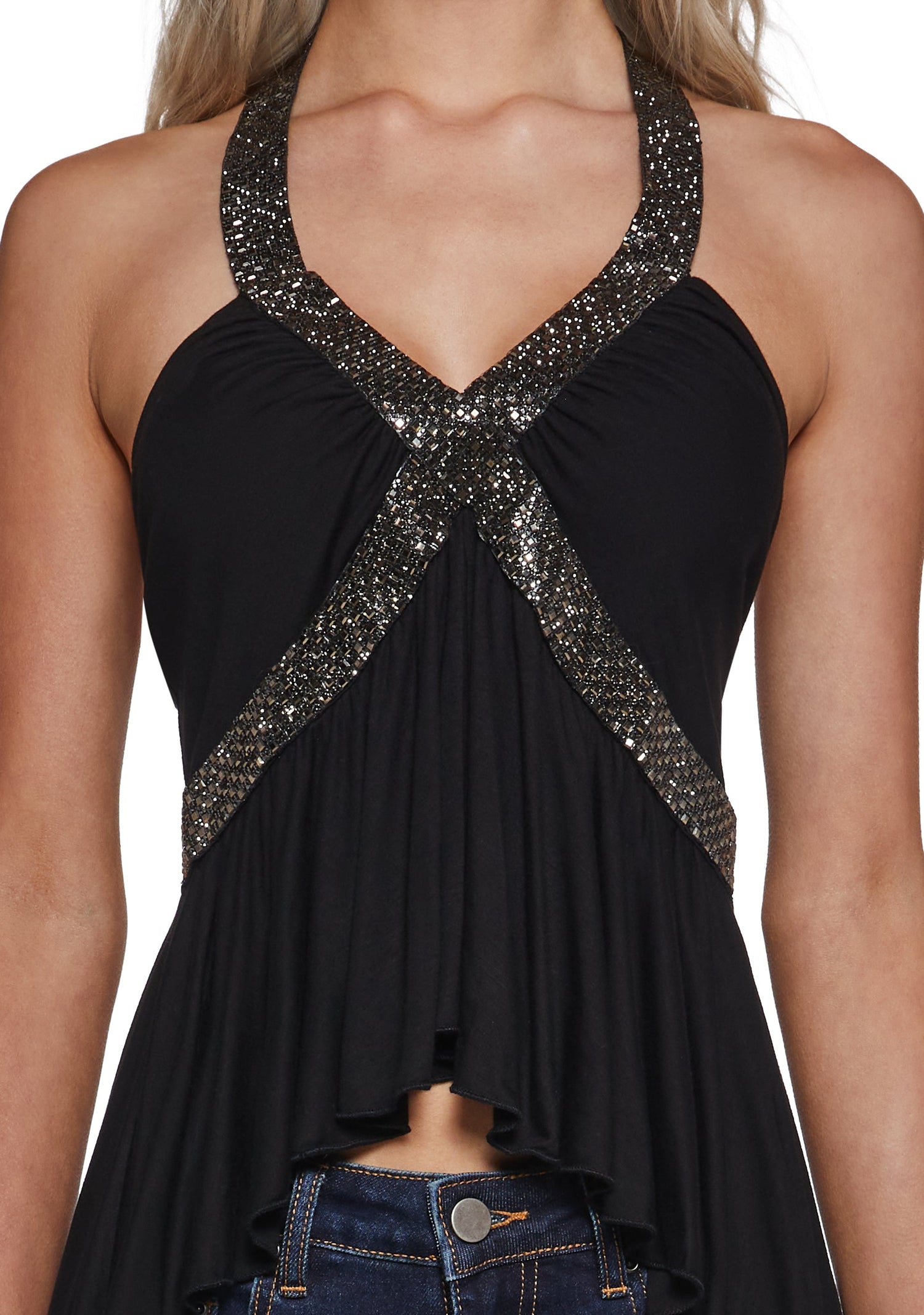 Scene Stealer Embellished Halter Top - Black