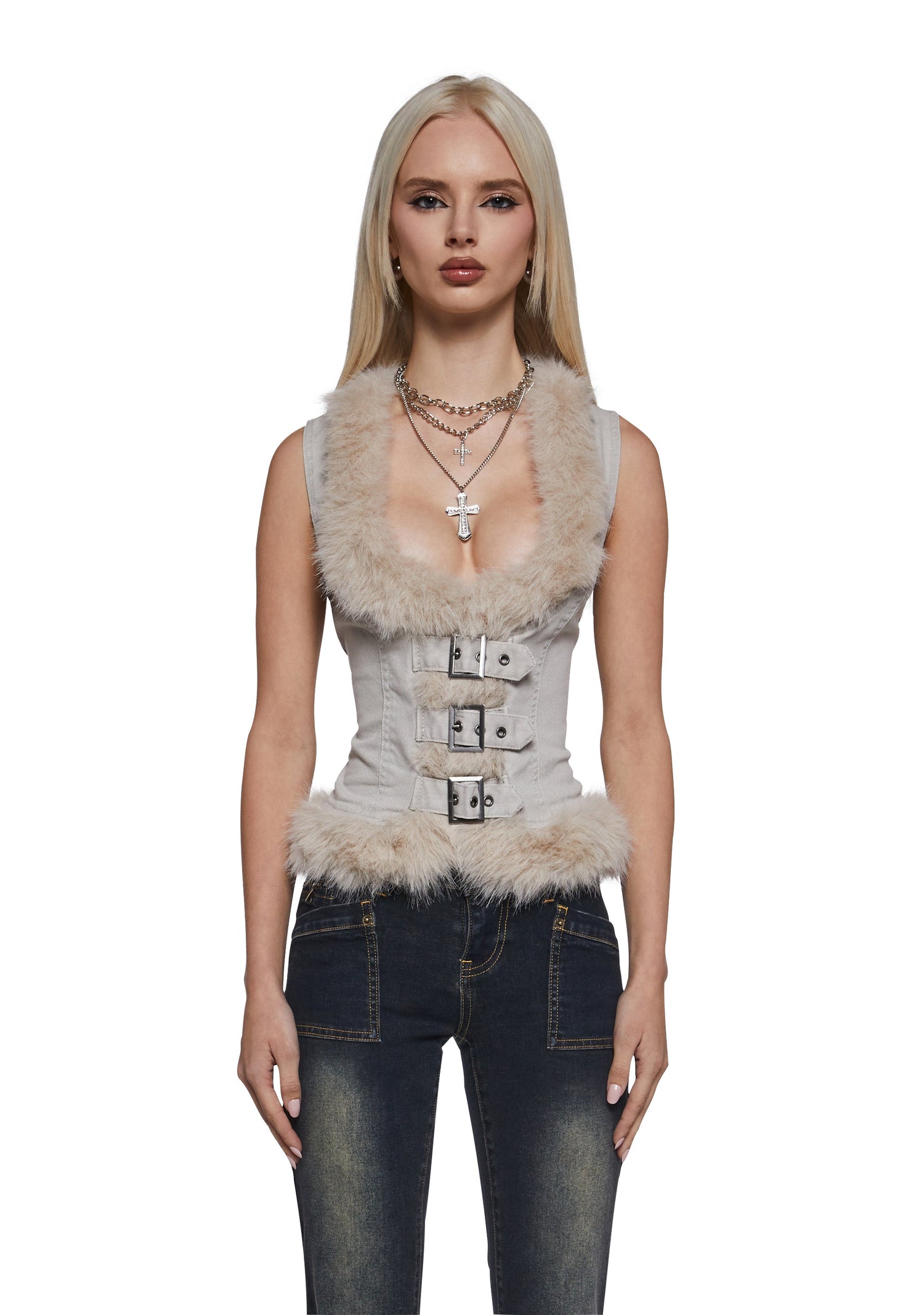 Ego Twill Fur Vest Top - Off White