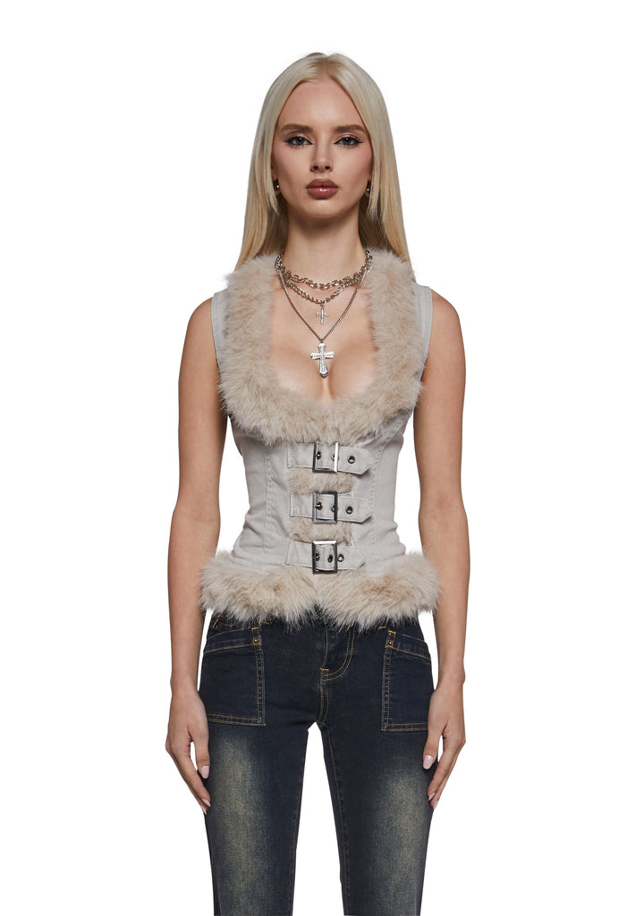 Ego Twill Fur Vest Top - Off White