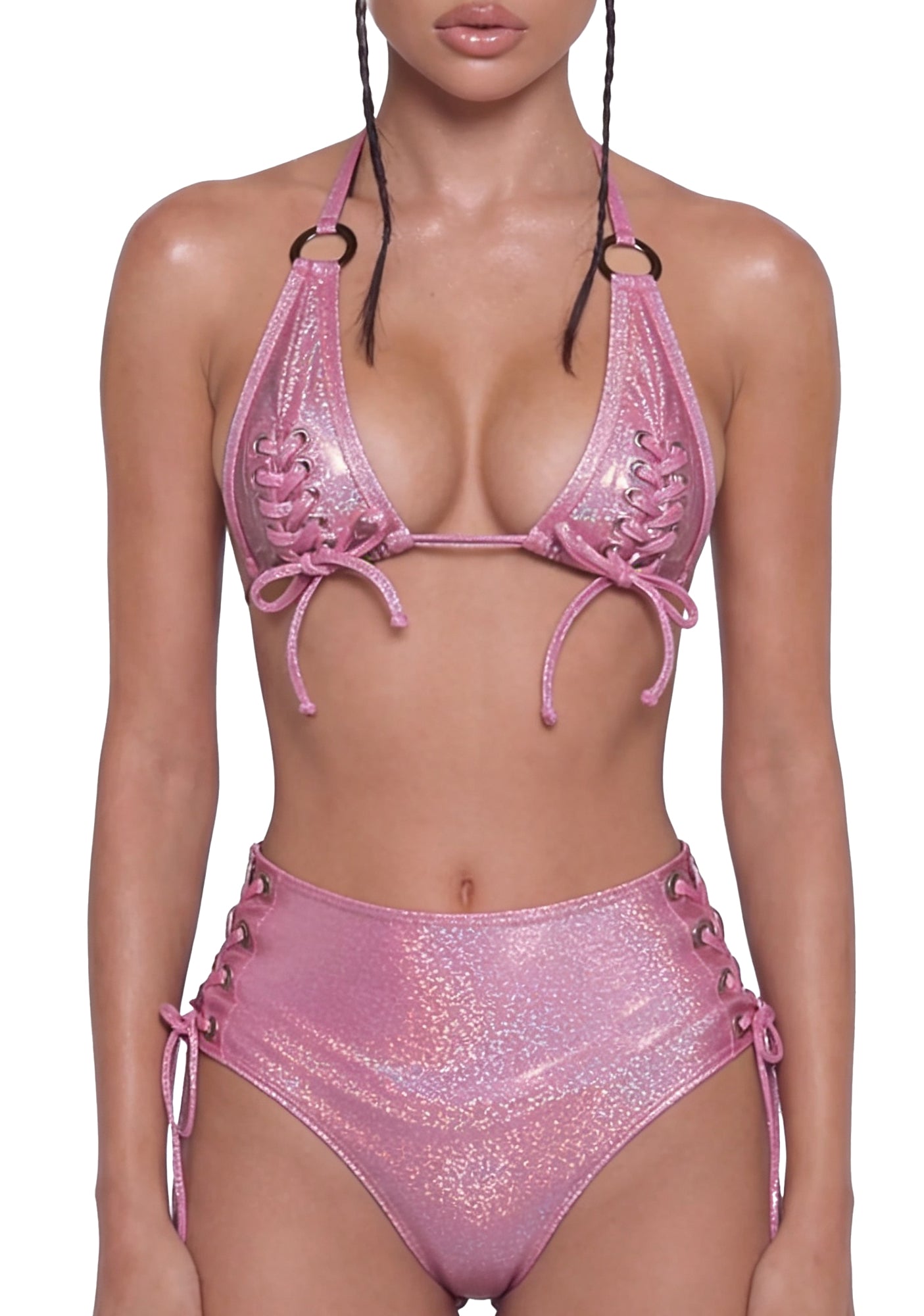 Shimmer Lace Up Festival Set - Pink