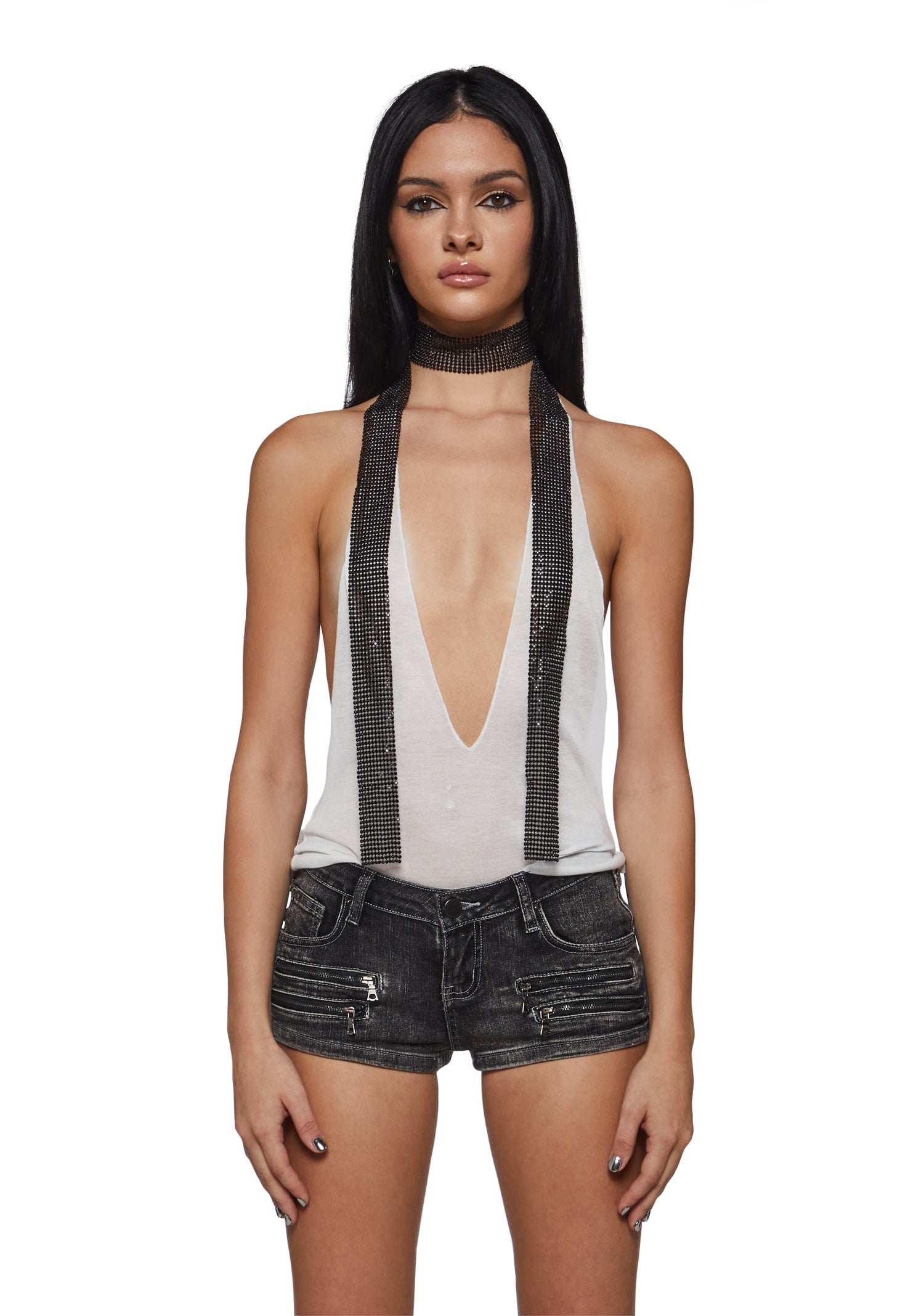 Rhinestone Skinny Scarf - Black
