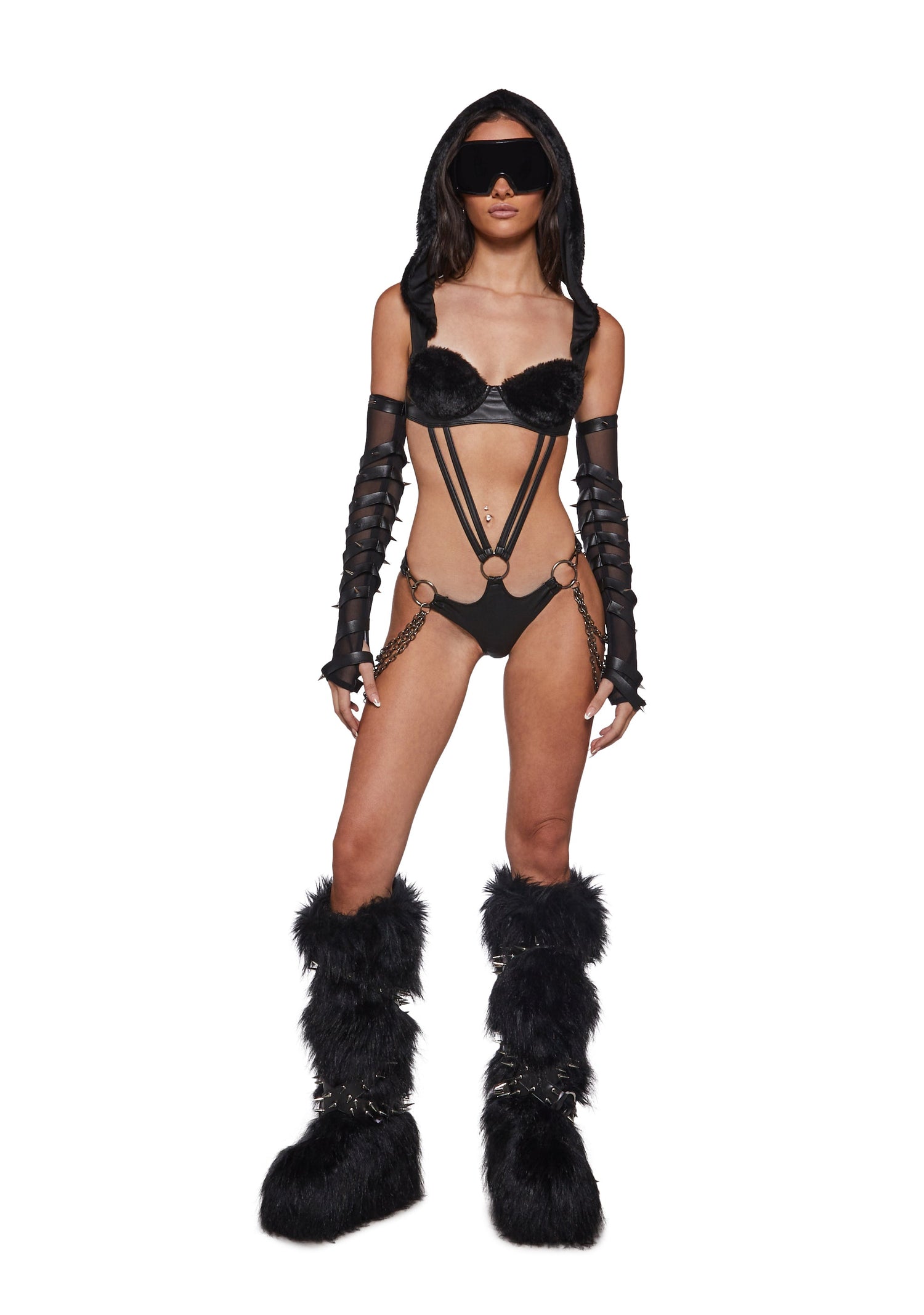 Cuddle Crusade Hooded Fur Bodysuit - Black