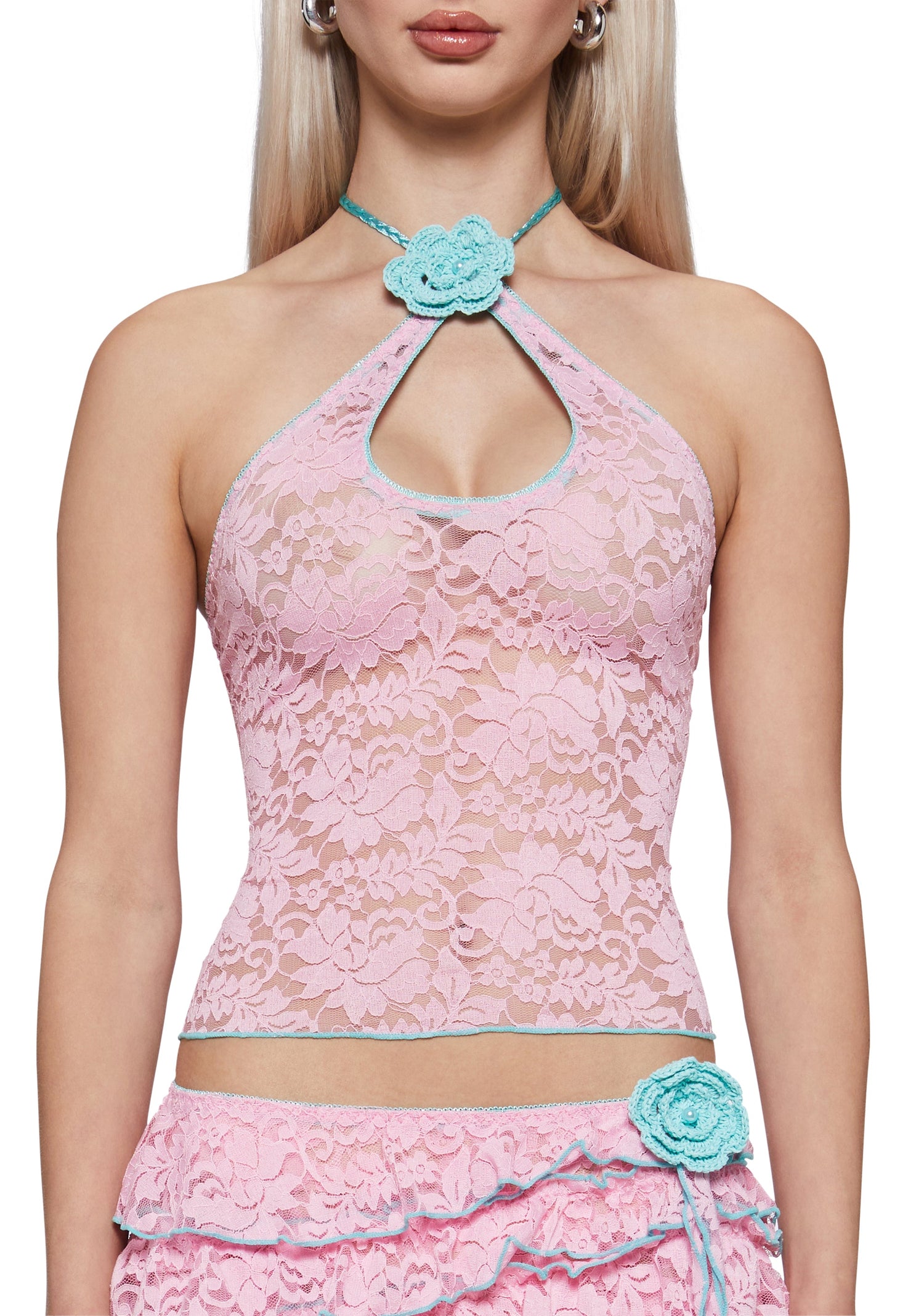 Rosette Lace Halter Top & Skirt Set