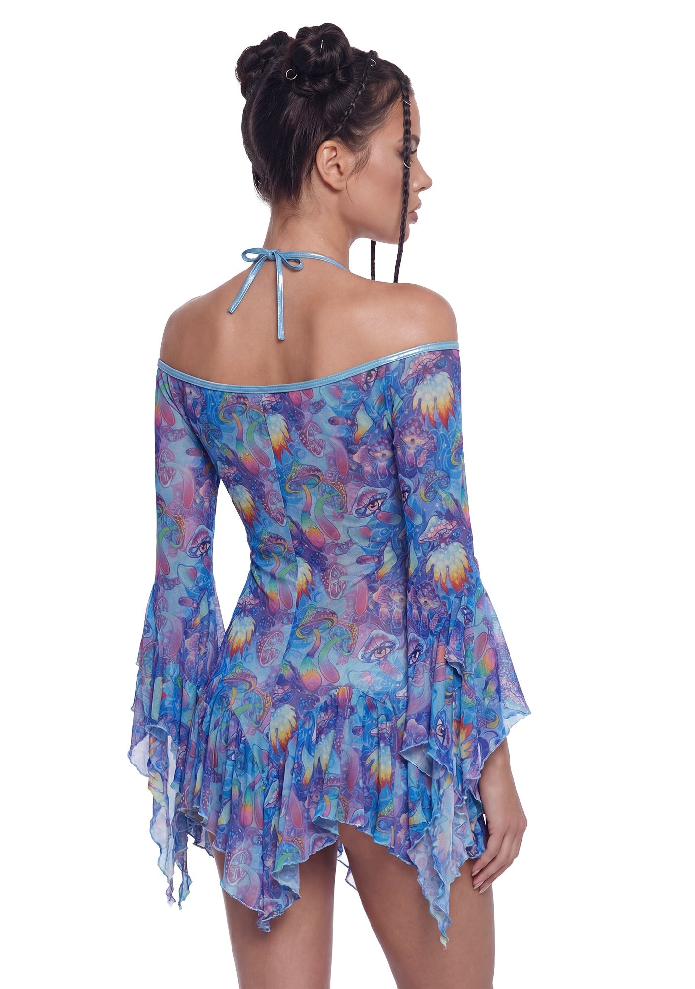 Mushroom Print Mesh Flowy Dress - Blue