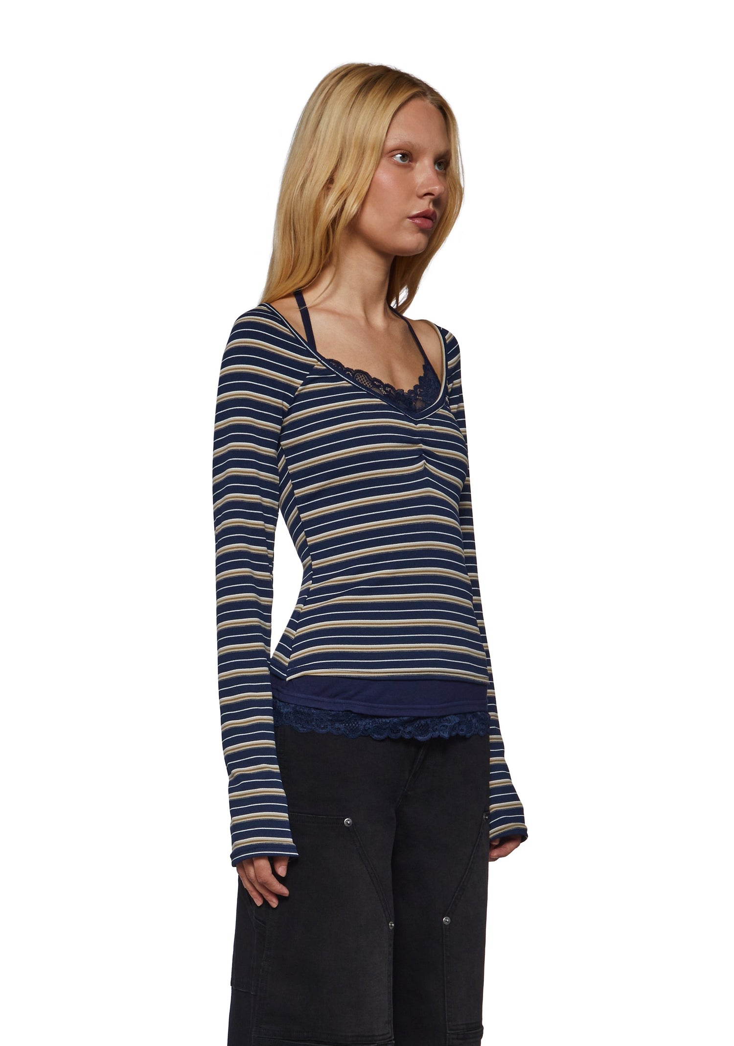 Angela Stripe Layered Cami Long Sleeve - Blue