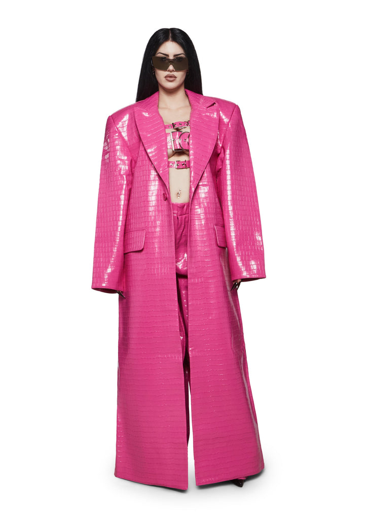 Croc Leather Elongated Blazer Coat - Pink