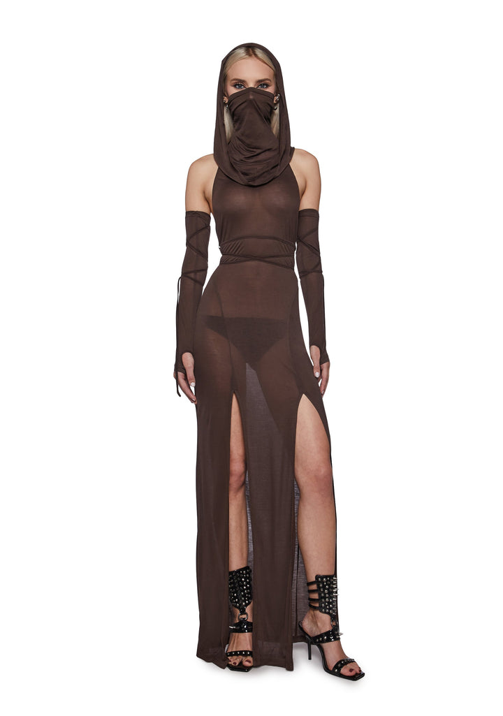 Siren Hooded Slit Maxi Dress - Brown