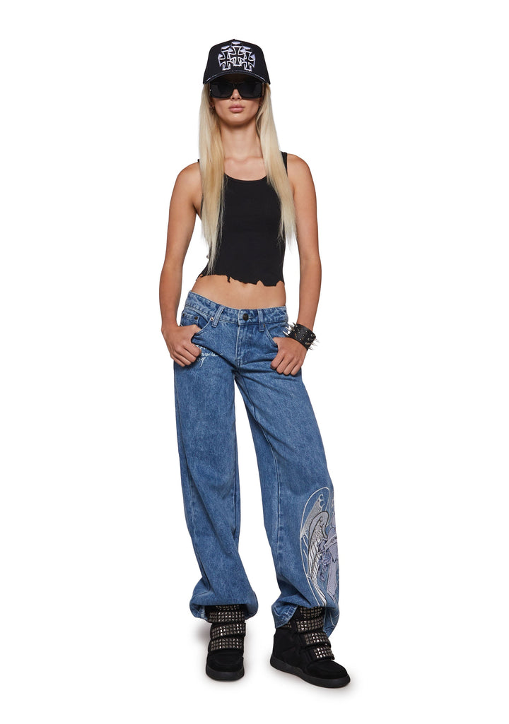 Cross Wings Embroidered Baggy Jean