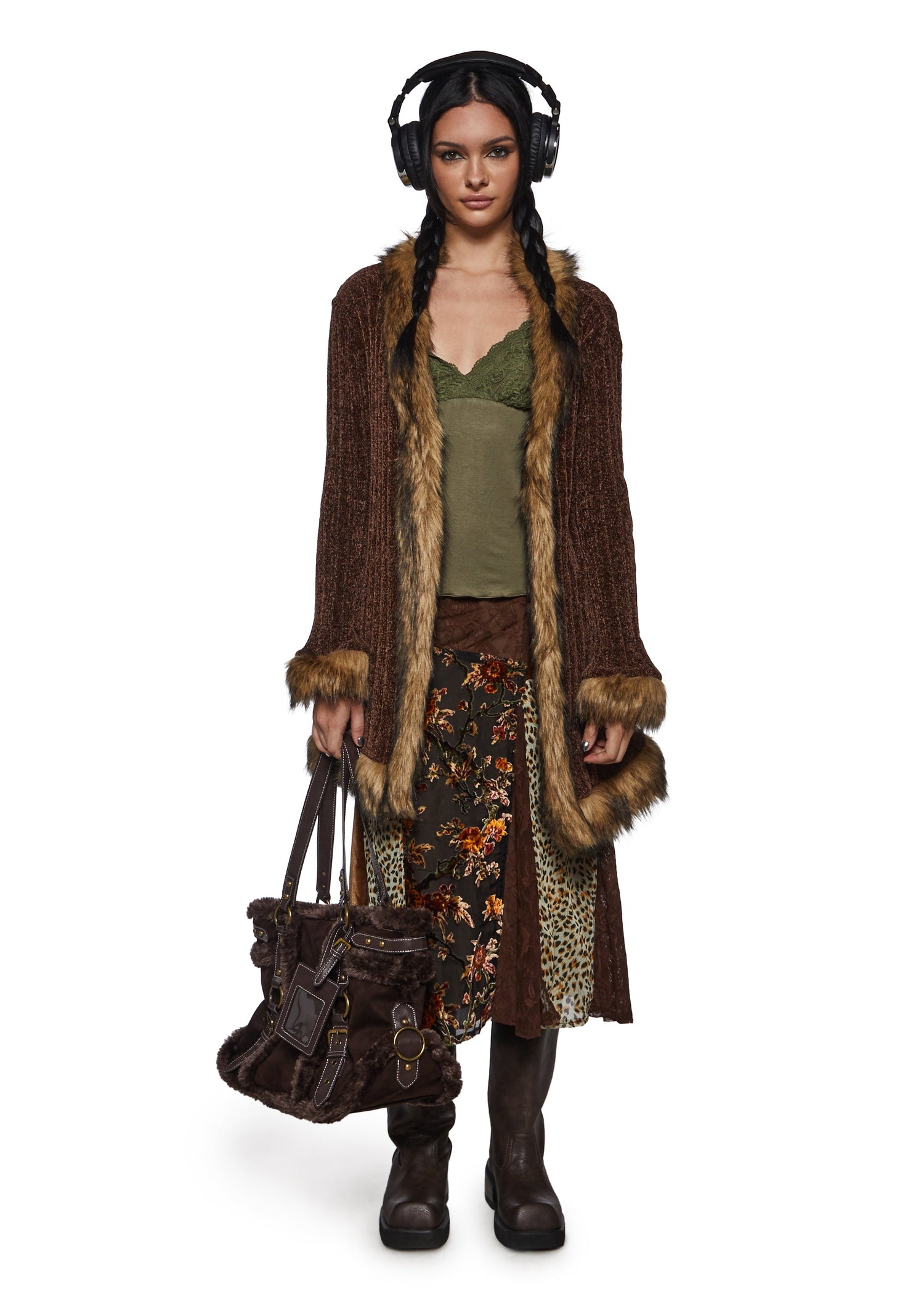 Furry Foe Long Cardigan-Brown