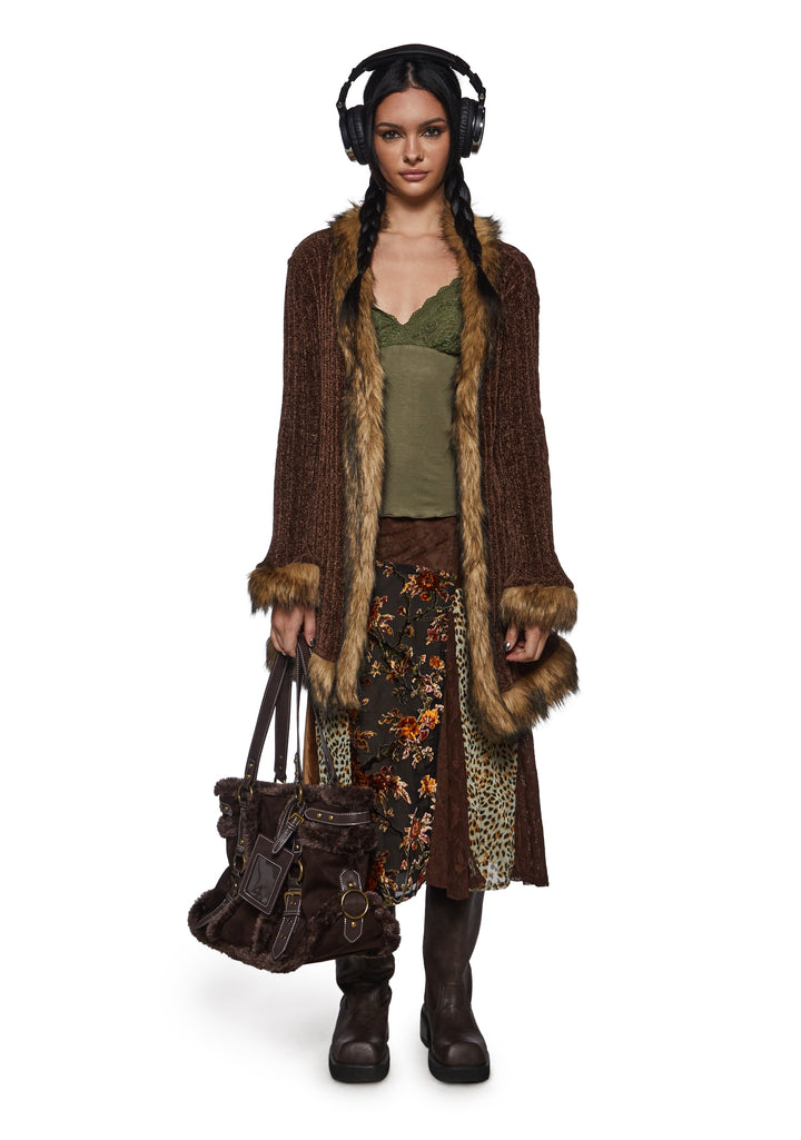 Furry Foe Long Cardigan-Brown
