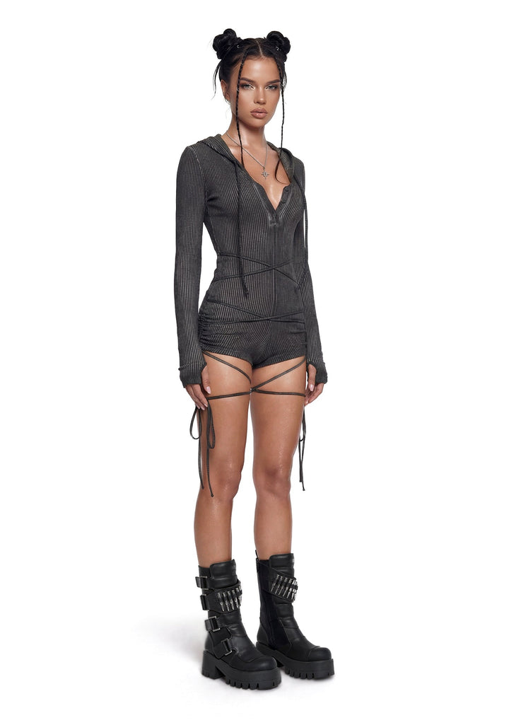 Crossfade Hooded Long Sleeve Romper - Black