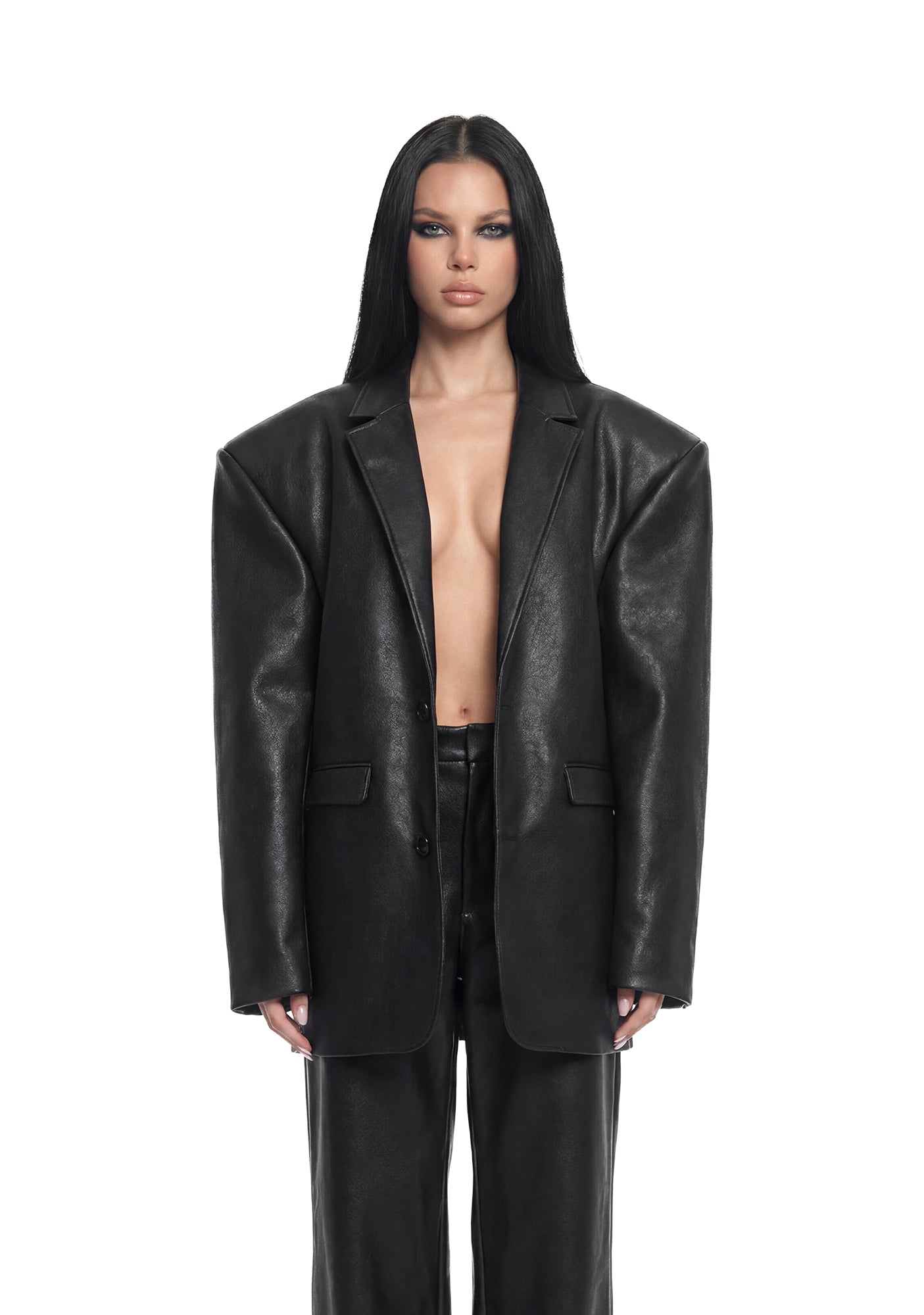 Leather Oversize Blazer - Black