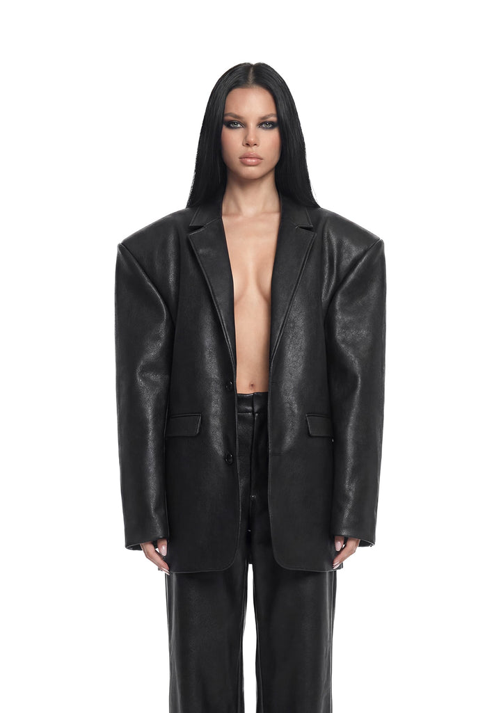 Leather Oversize Blazer - Black