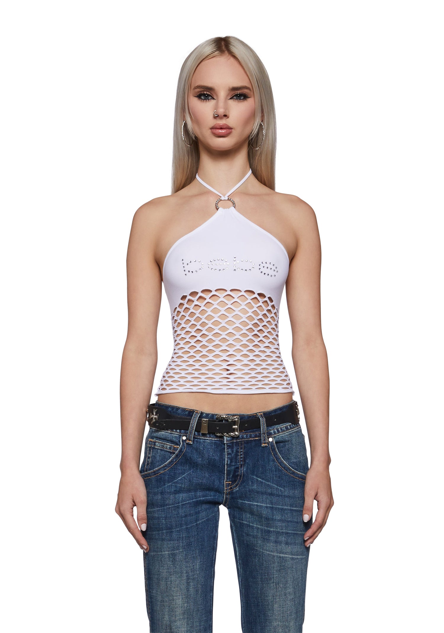 Fishnet Halter Top - White
