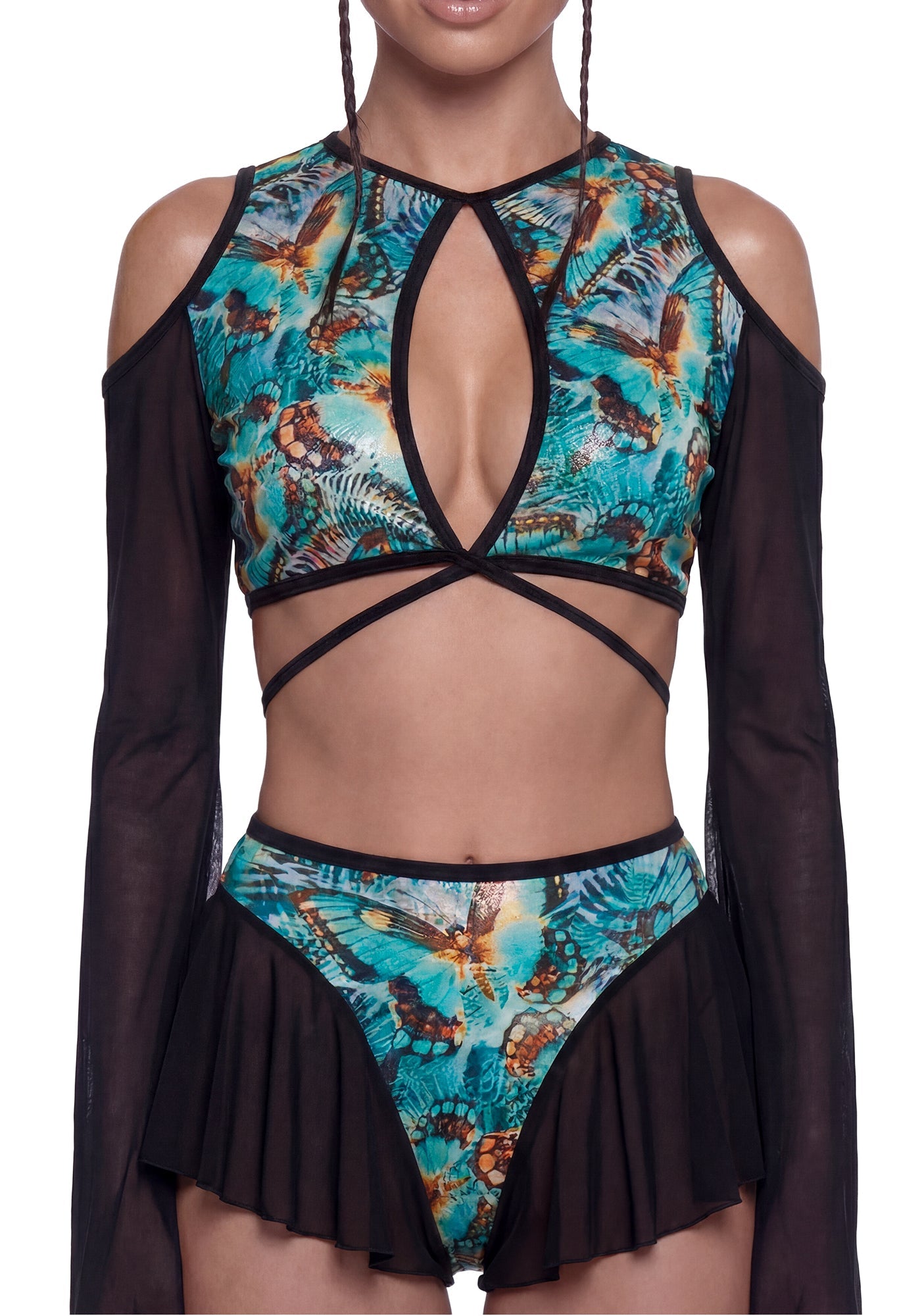 Butterfly Print Cut Out Top - Teal/Black