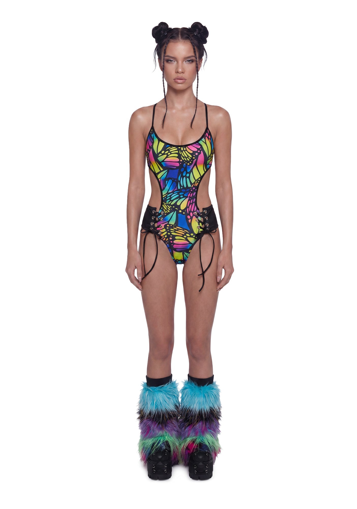 Butterfly Lace Up Bodysuit - Multi/Black