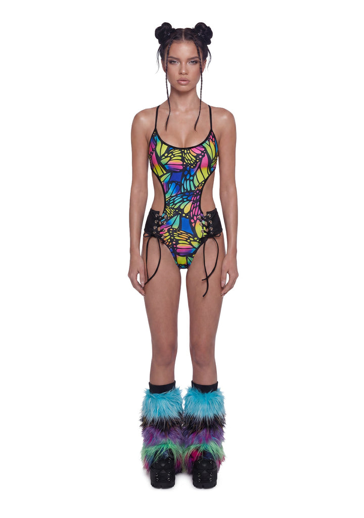 Butterfly Lace Up Bodysuit - Multi/Black