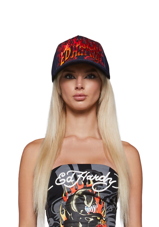 Dragon Flames Denim Trucker Hat