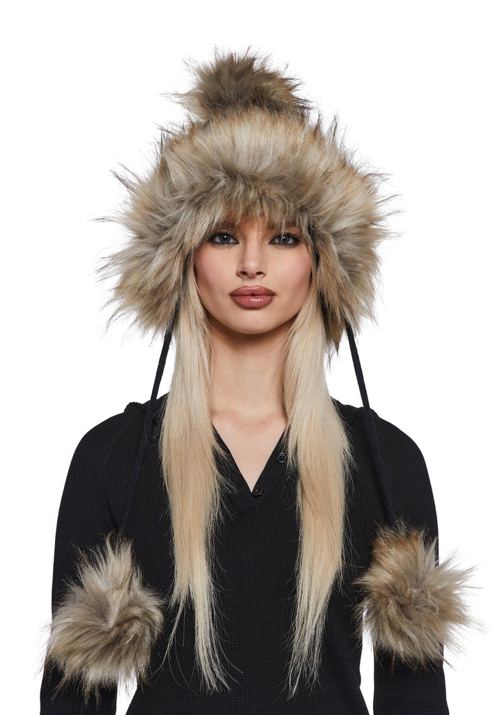 Bubble Pop Faux Fur Hat With Pom Poms - Black