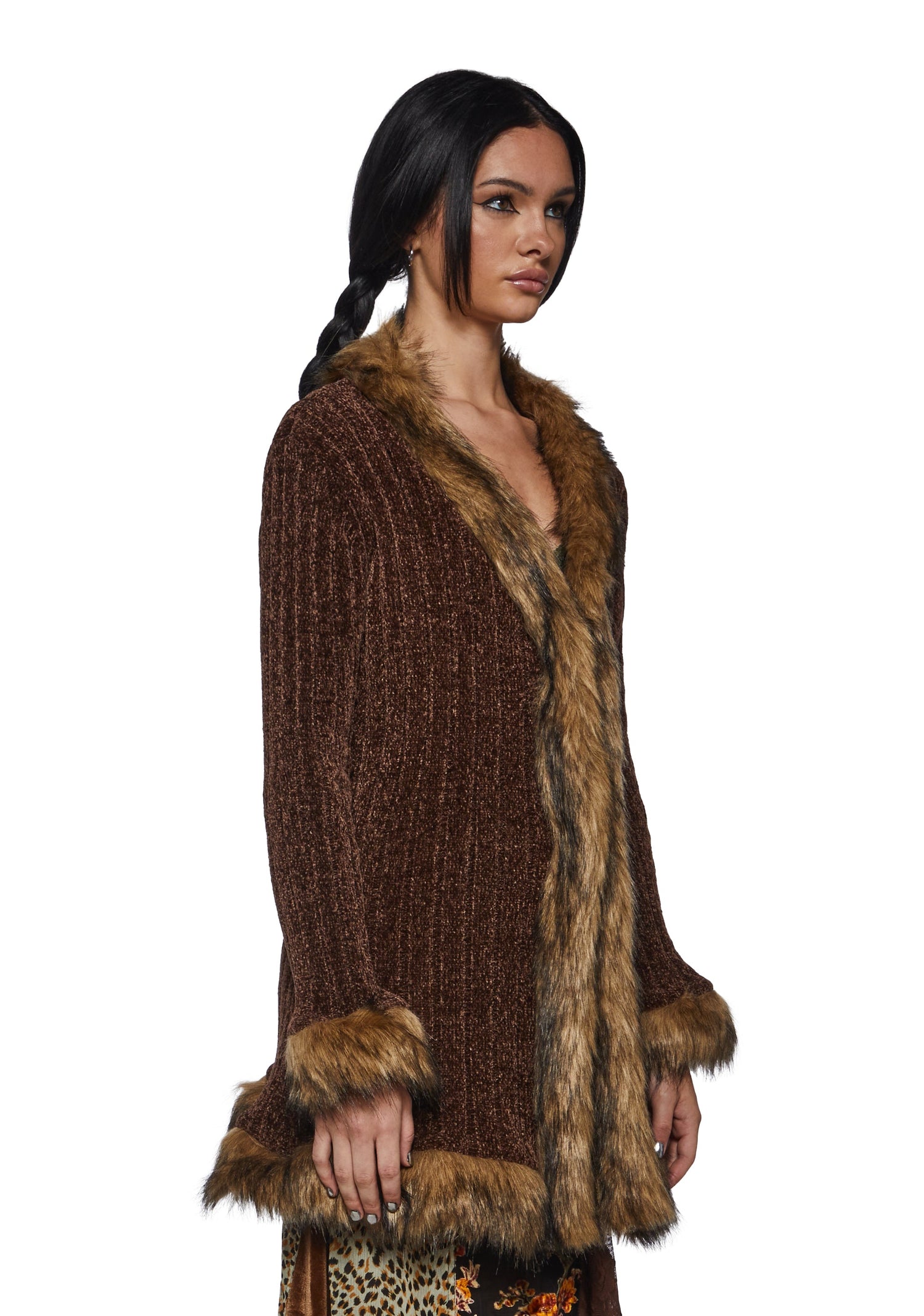 Furry Foe Long Cardigan-Brown