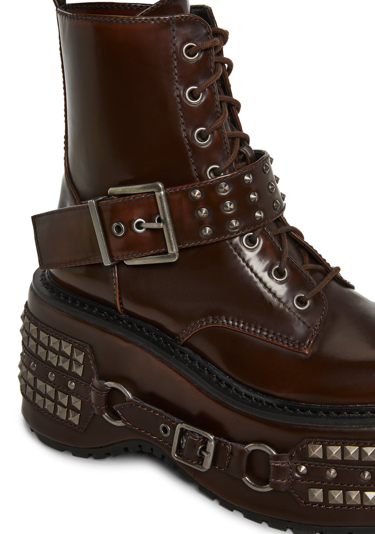 Siren Studded Hardware Combat Platform Boots - Brown