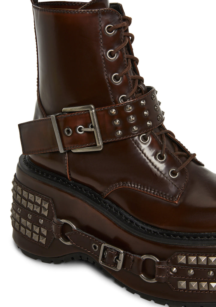 Siren Studded Hardware Combat Platform Boots - Brown