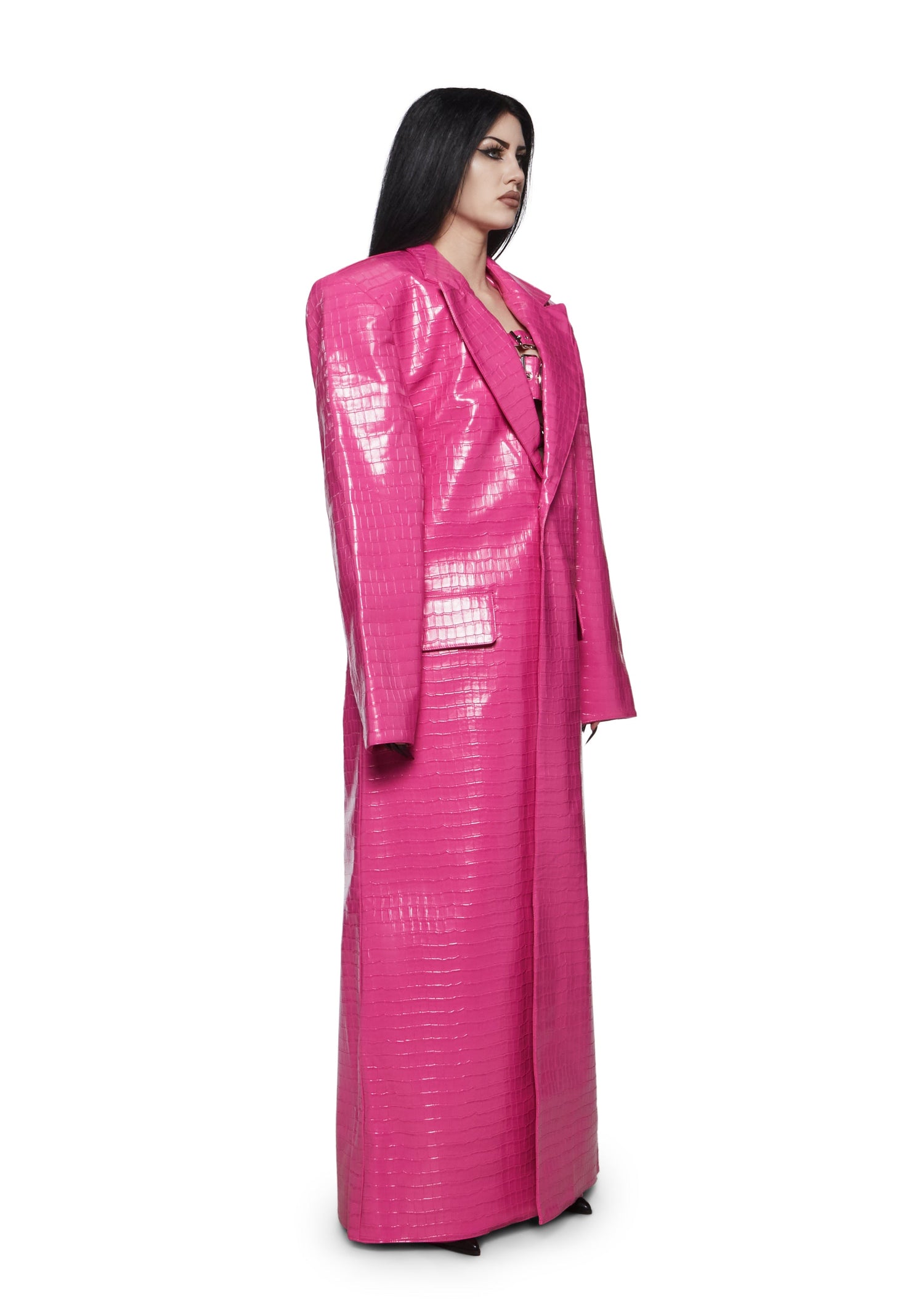 Croc Leather Elongated Blazer Coat - Pink