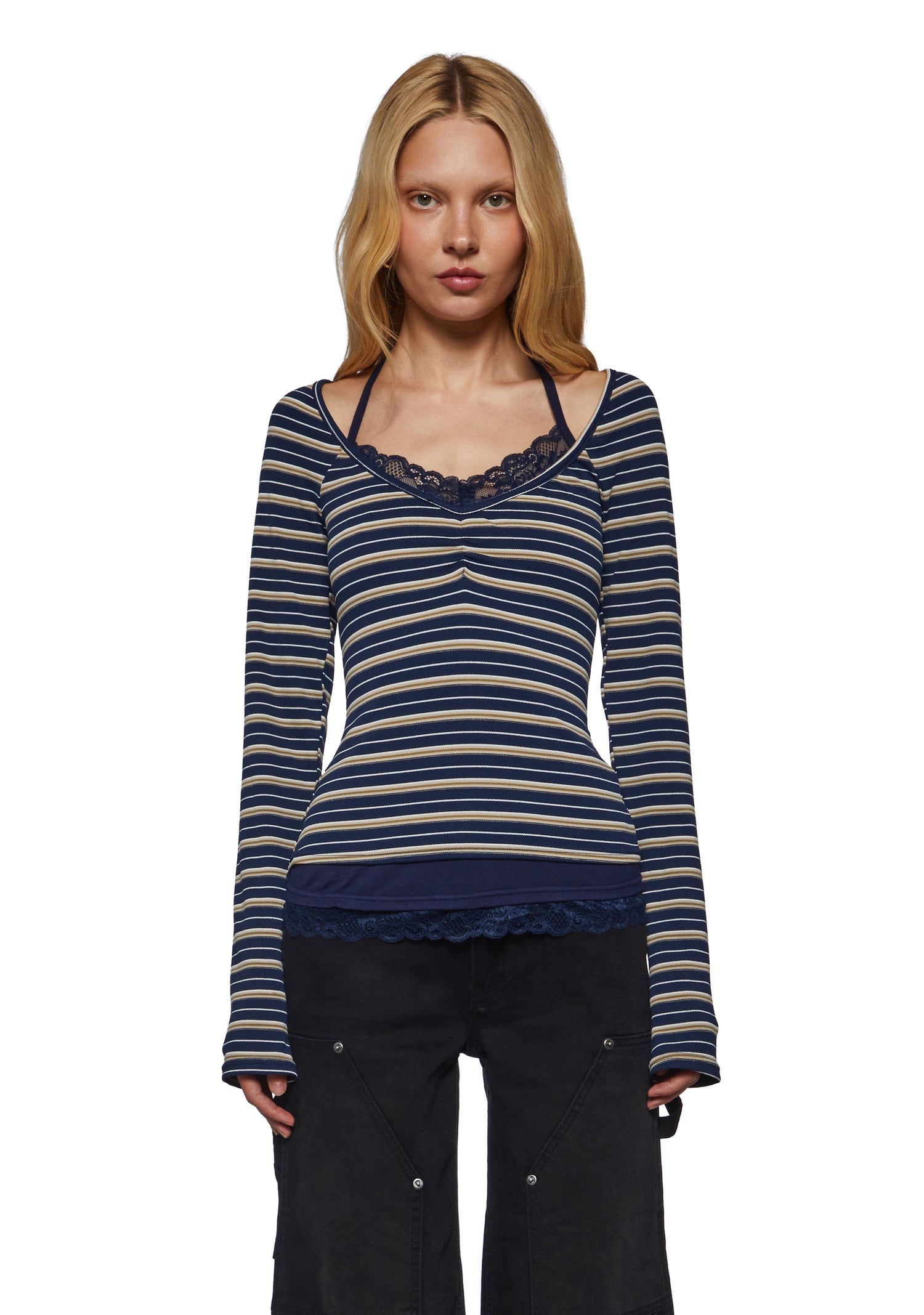 Angela Stripe Layered Cami Long Sleeve - Blue