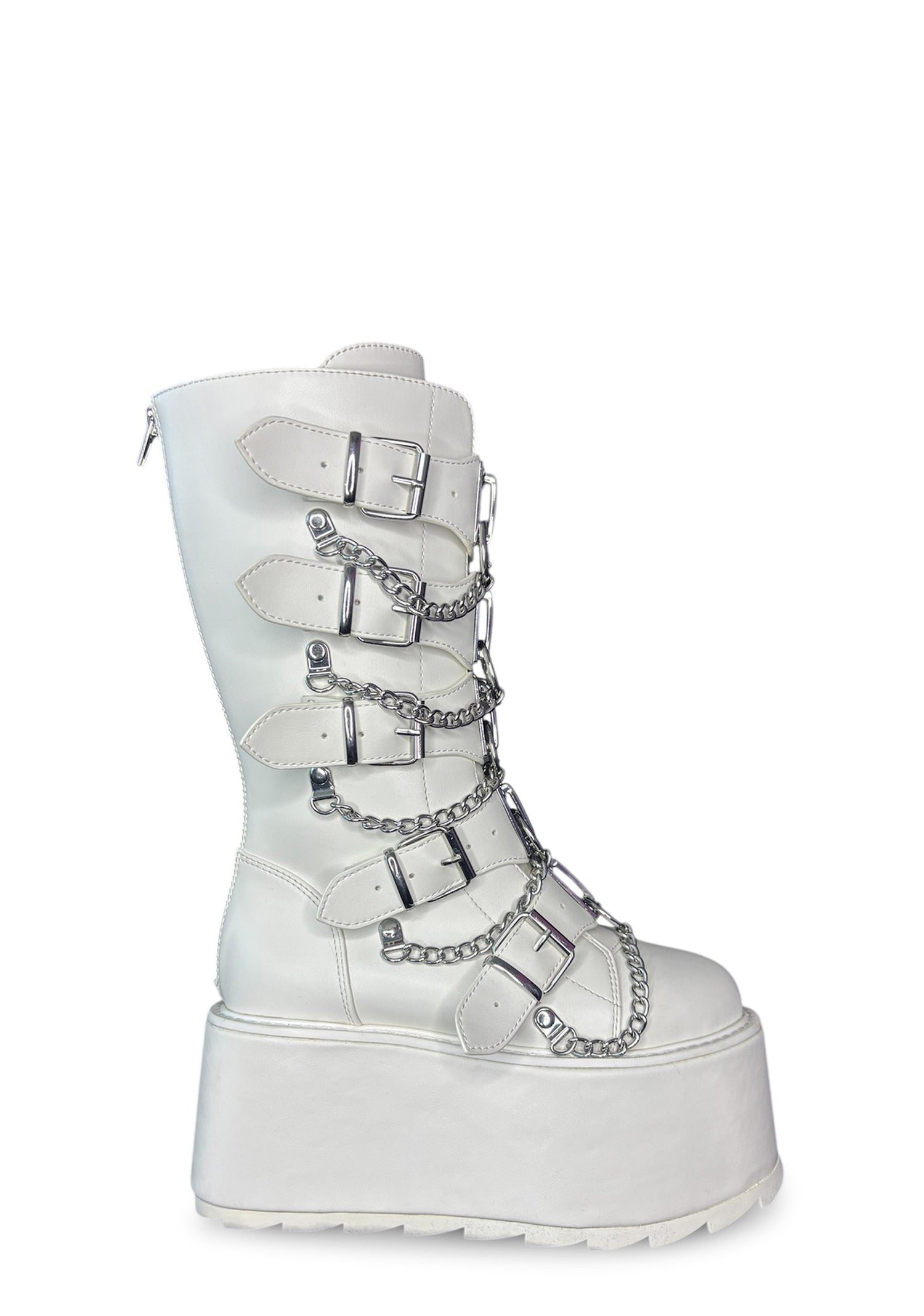 Glitch Buckle Mid Calf Platform Boots - White