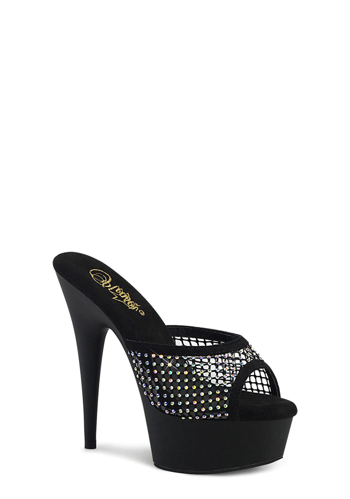 Delight 601 Rhinestone Platform Peep Toe Slides - Black