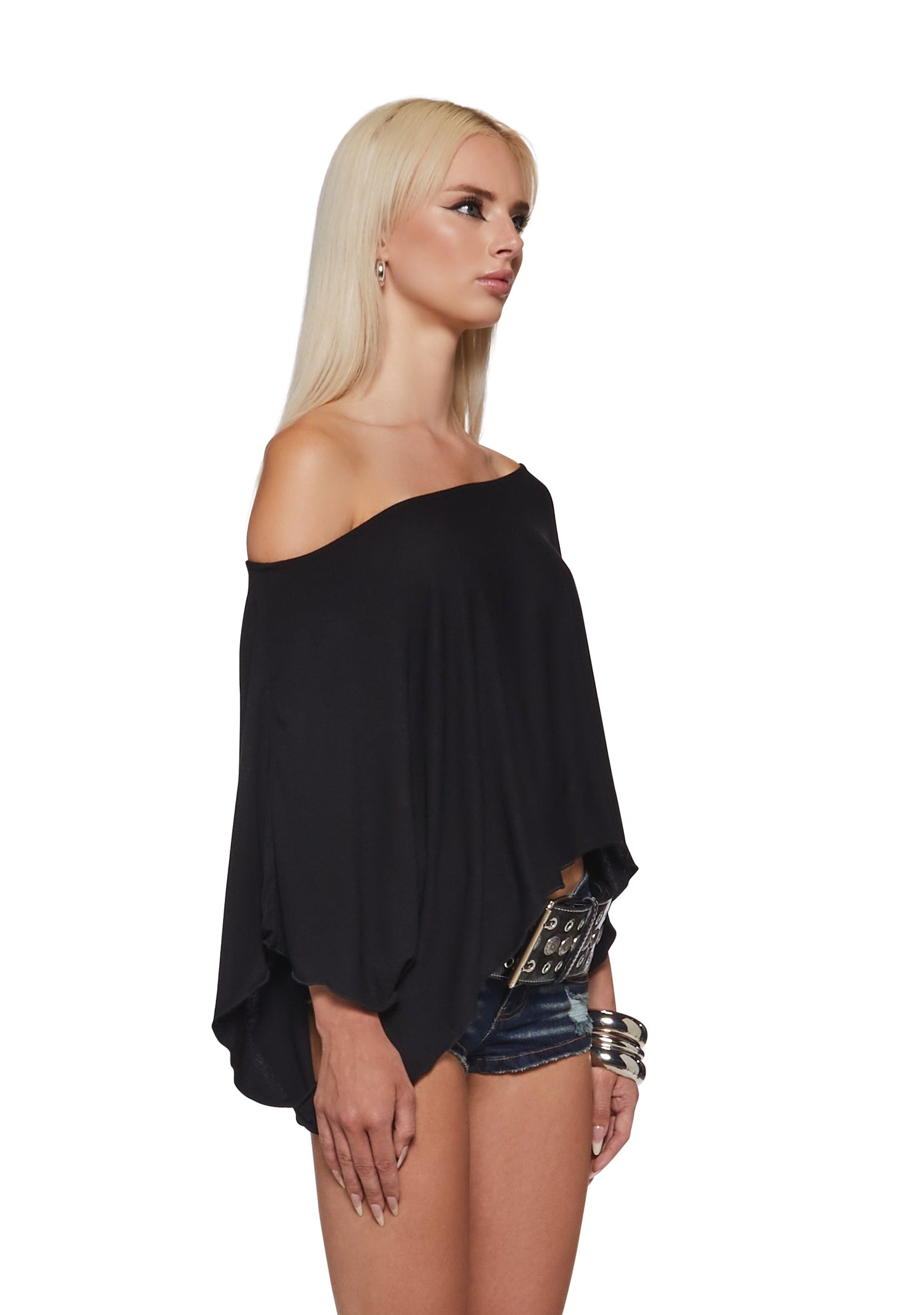 Leah Off The Shoulder Knit Poncho - Black