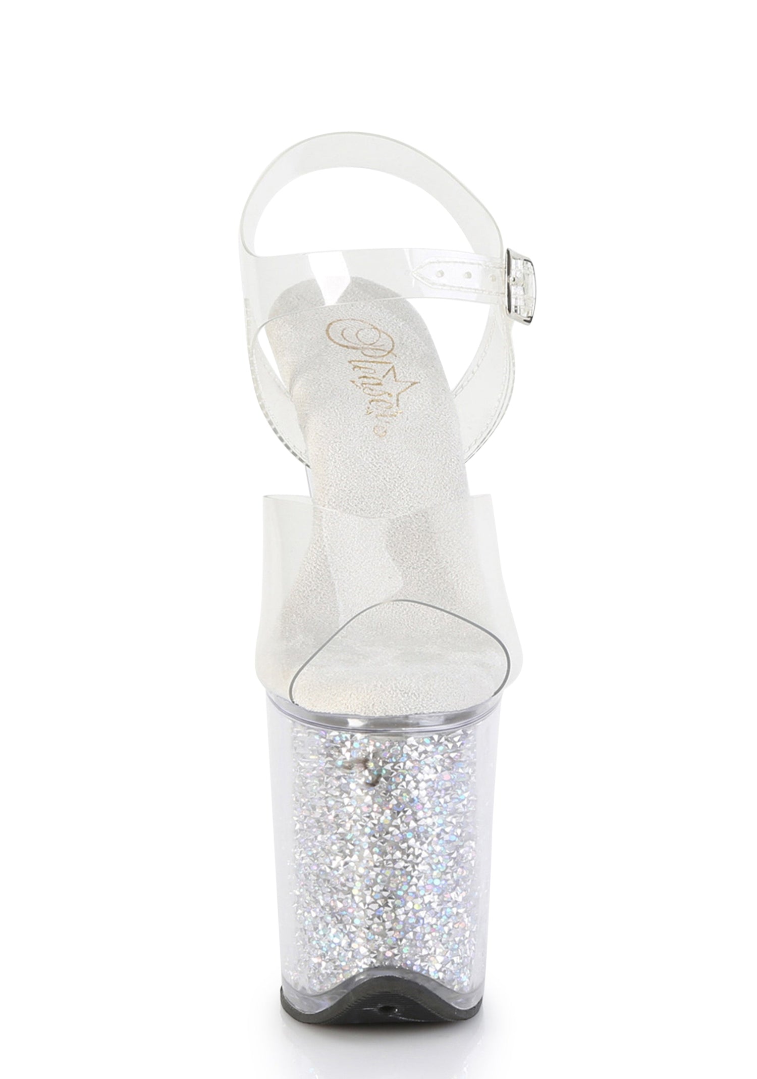 Flamingo-808RSI Platform Ankle Straps Sandals-Clear-Rhinestones