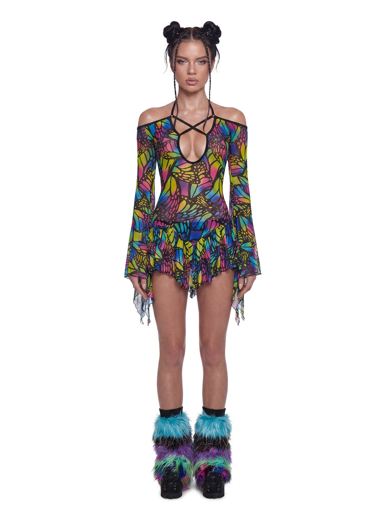 Butterfly Print Mesh Flowy Dress - Multi