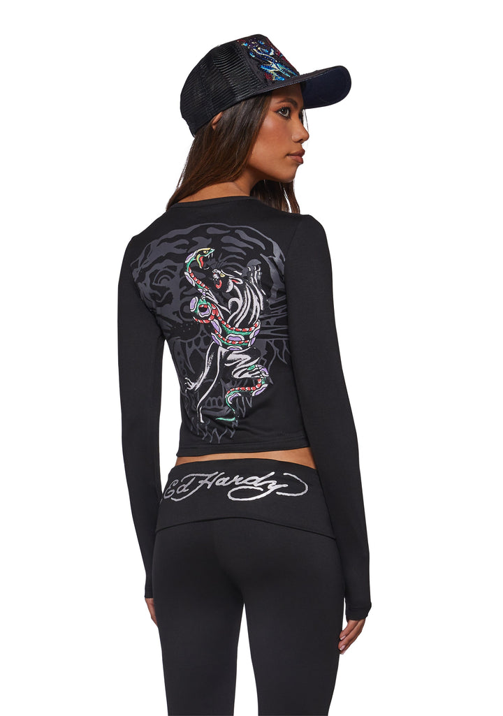 Panther Snake Long Sleeve Crop Shirt - Black