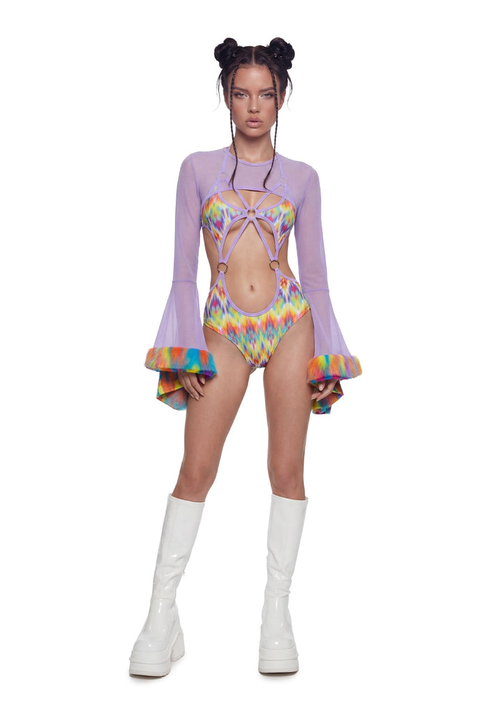 Neon Pop Faux Fur Trimmed Mesh Shrug