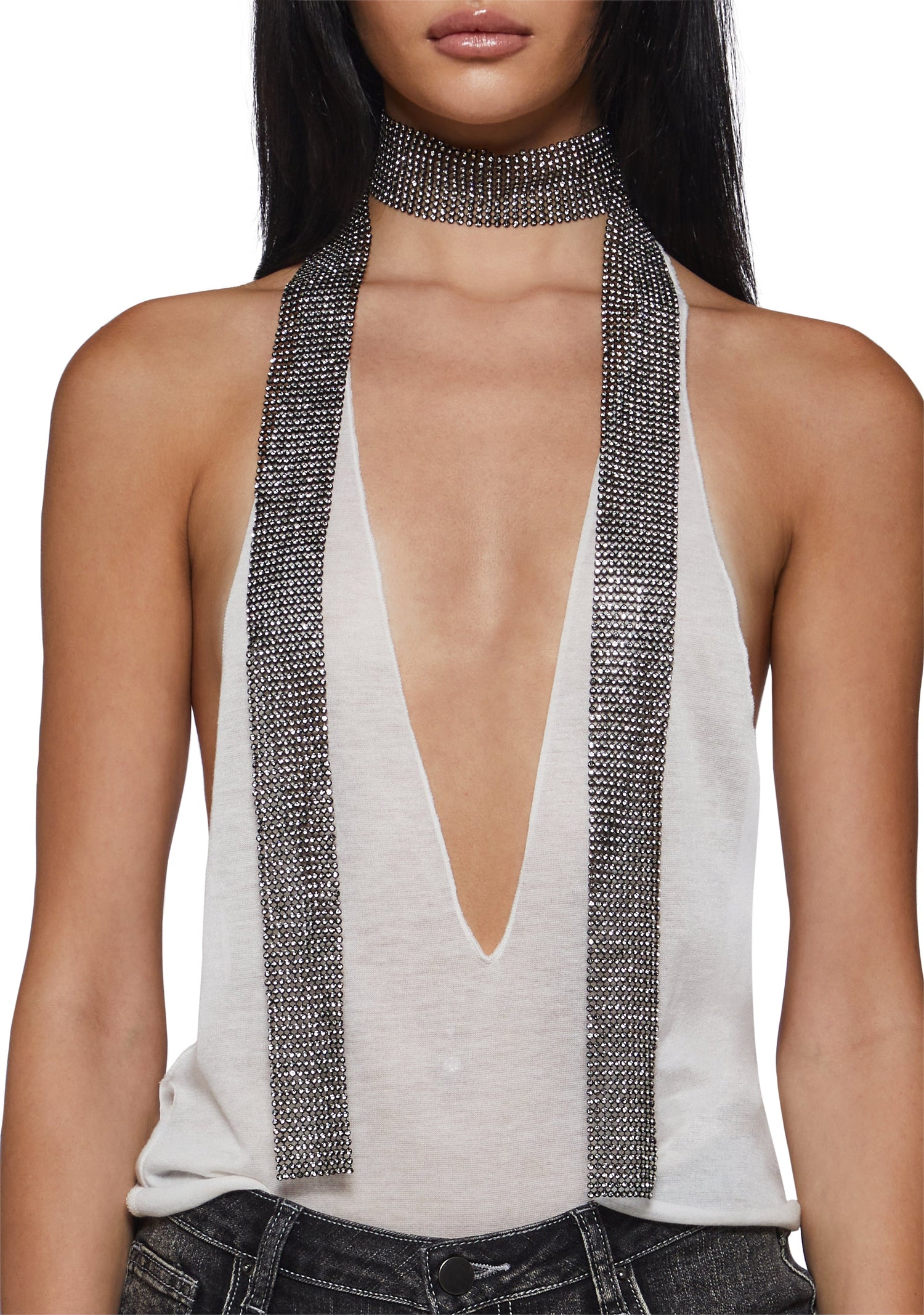 Rhinestone Skinny Scarf - Silver