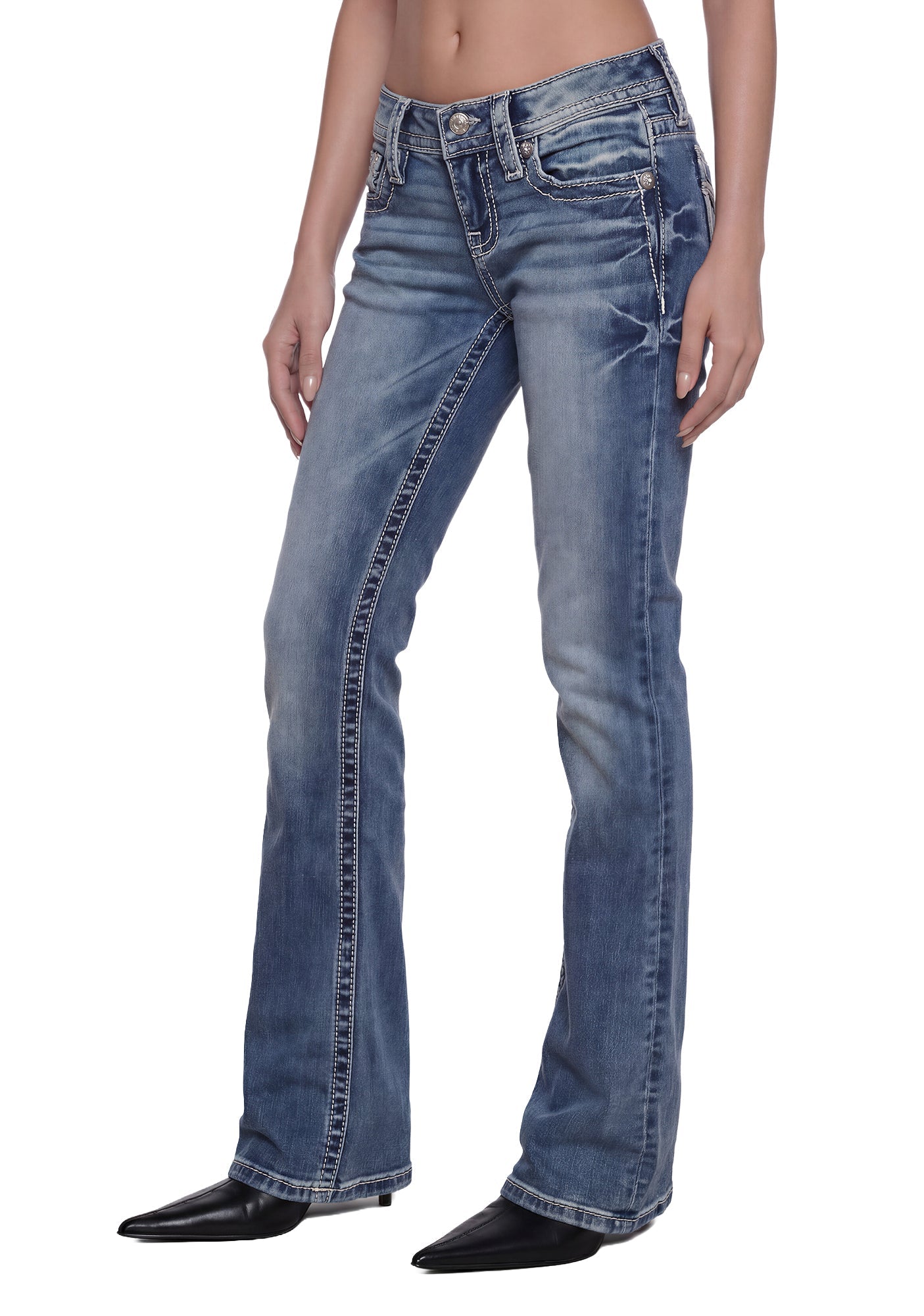 Halo Border Stitched Low Rise Bootcut Jeans 32"