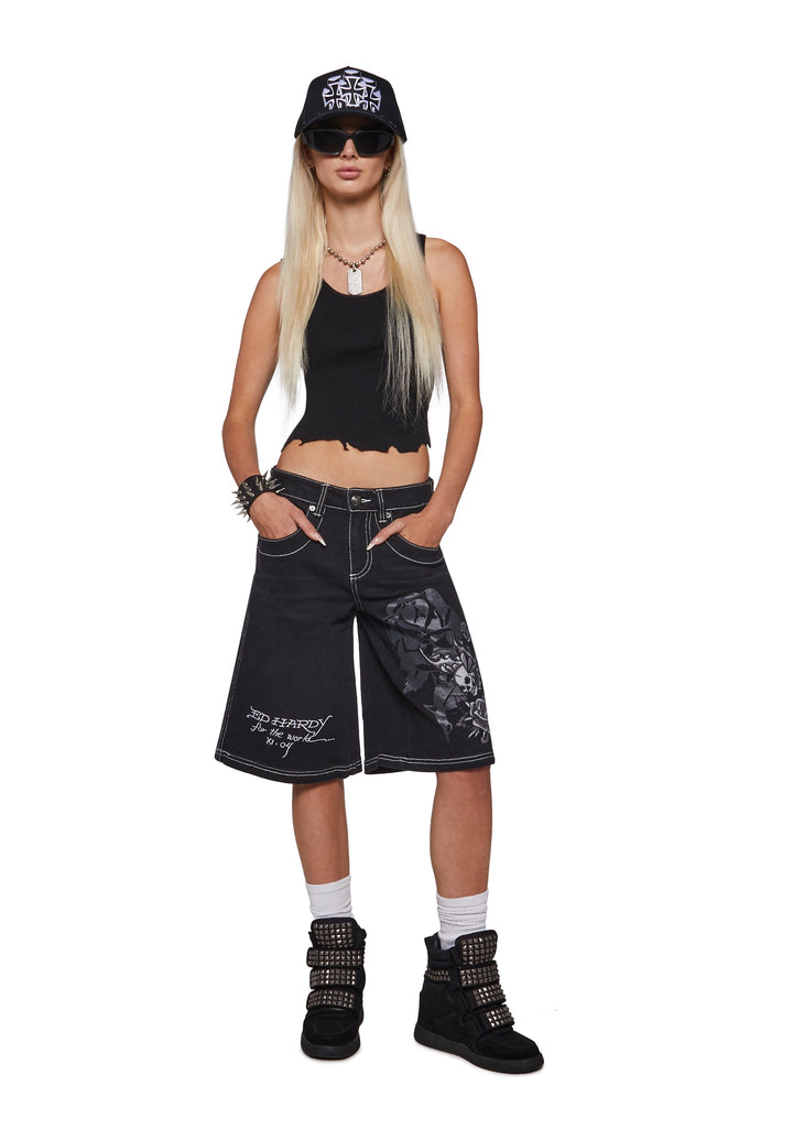 Butterfly Skull Embroidered Jort