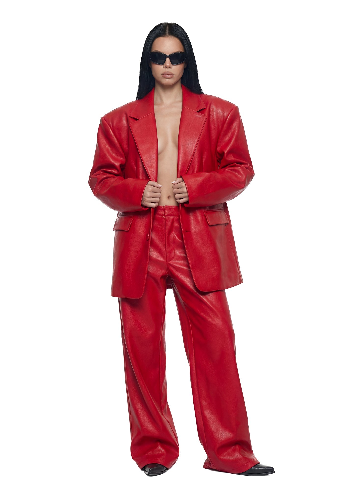 Leather Oversize Blazer - Red