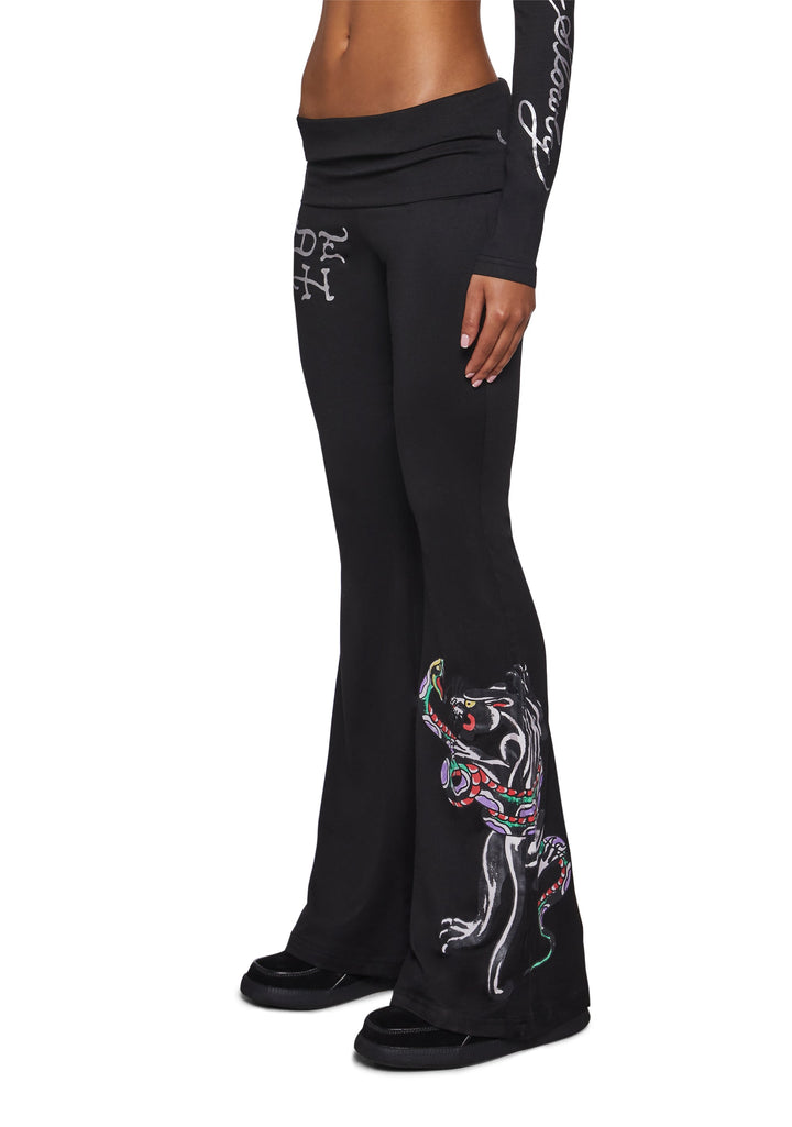 Panther Snake Fold Over Yoga Pant - Black