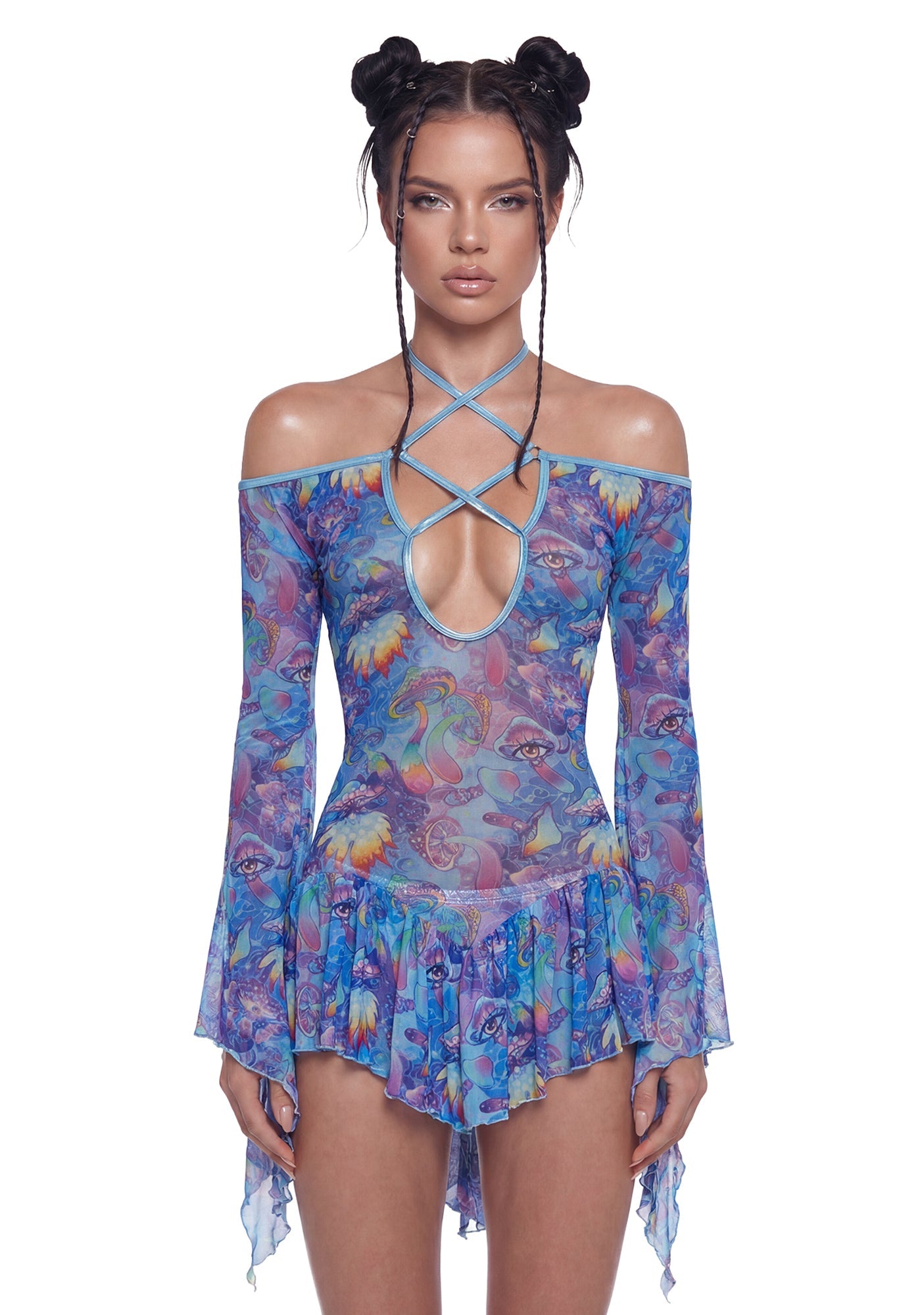 Mushroom Print Mesh Flowy Dress - Blue