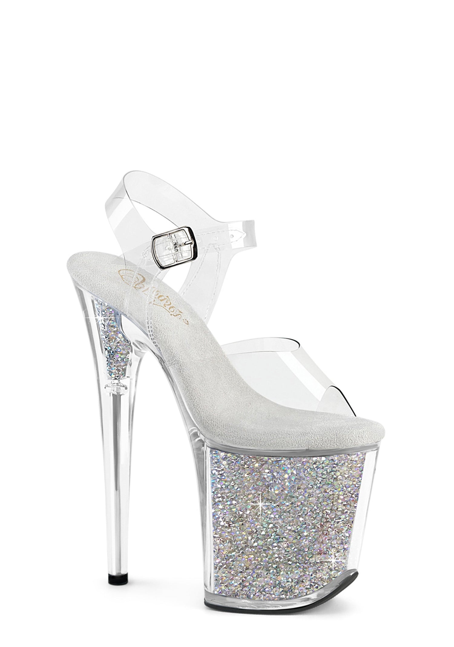 Flamingo-808RSI Platform Ankle Straps Sandals-Clear-Rhinestones